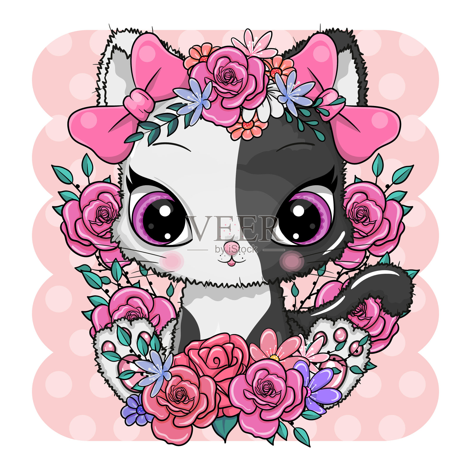 贺卡可爱的小猫与花设计元素图片