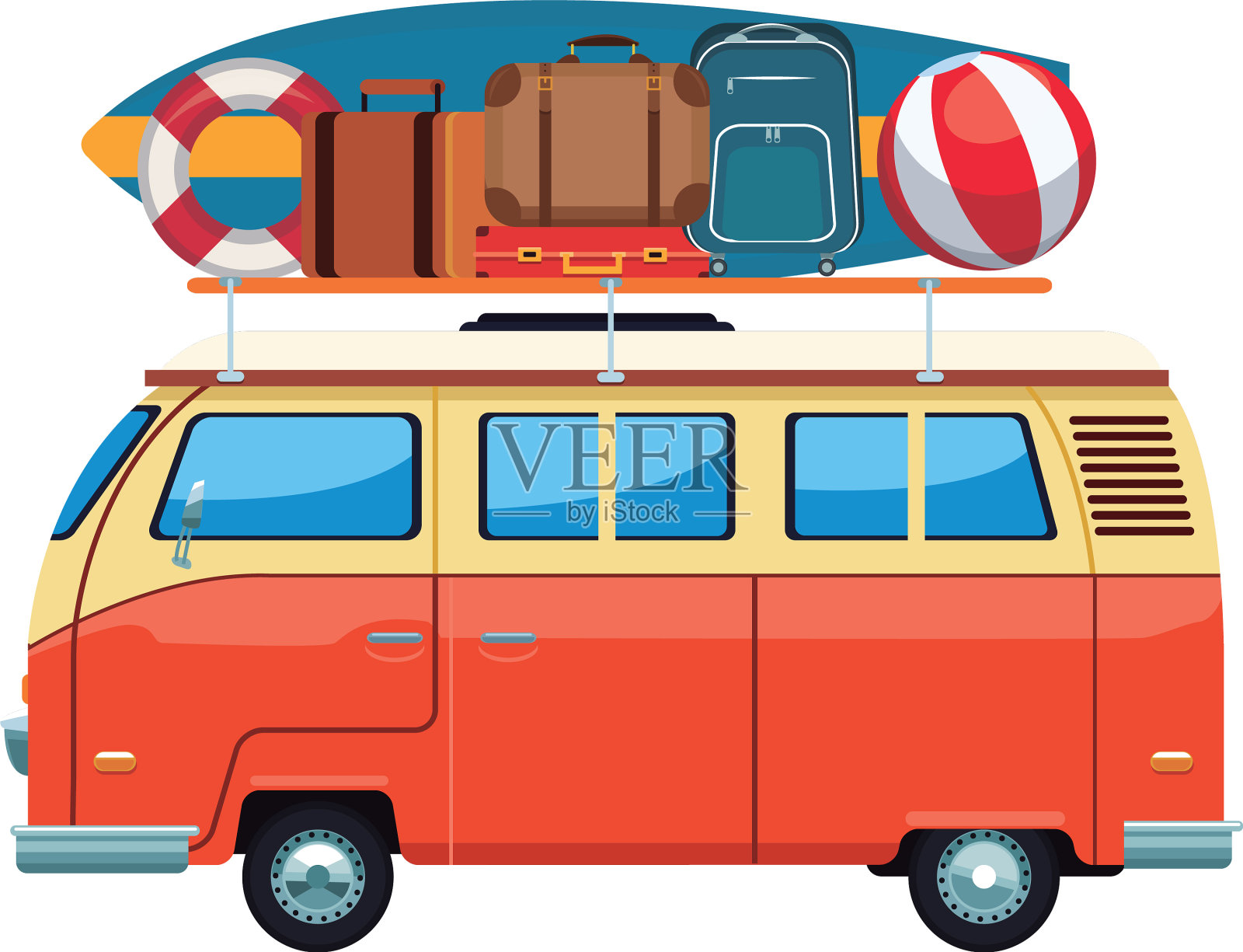 车顶上有五颜六色的物品插画图片素材