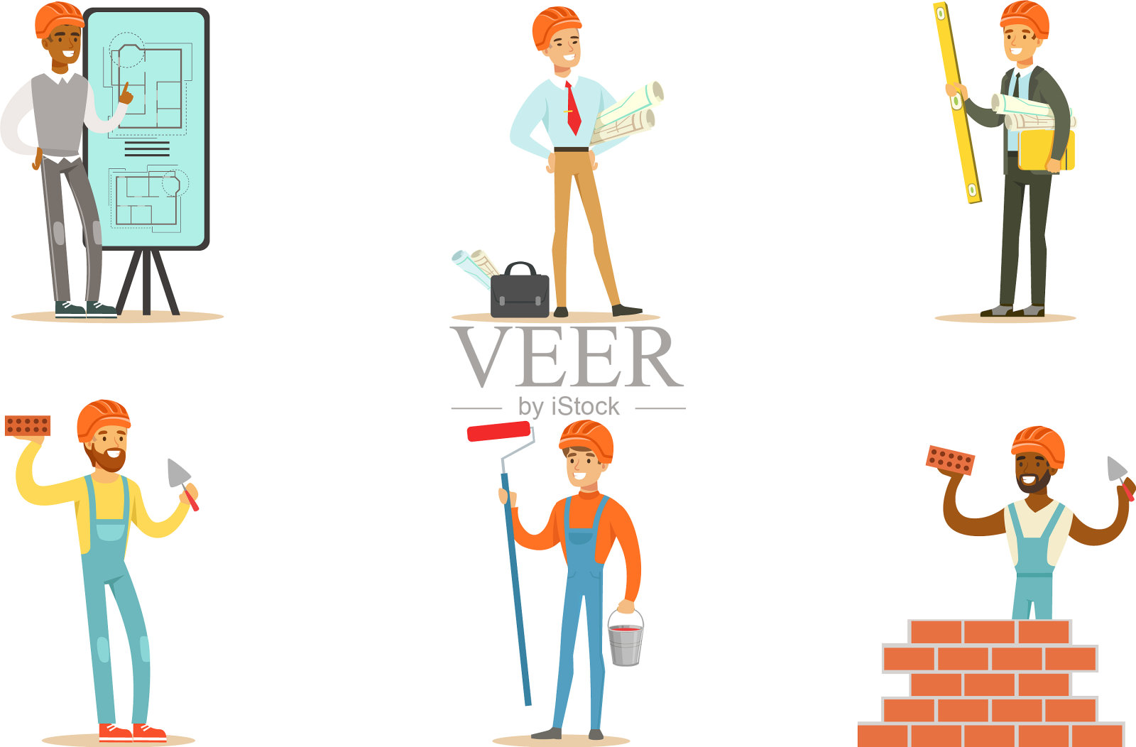 男性建筑工人和工程师使用工具插画图片素材