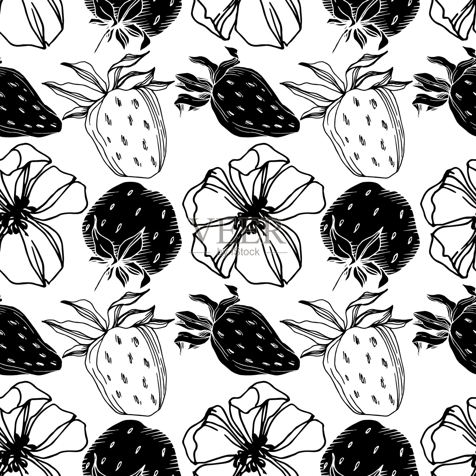 草莓新鲜浆果健康食品黑插画图片素材