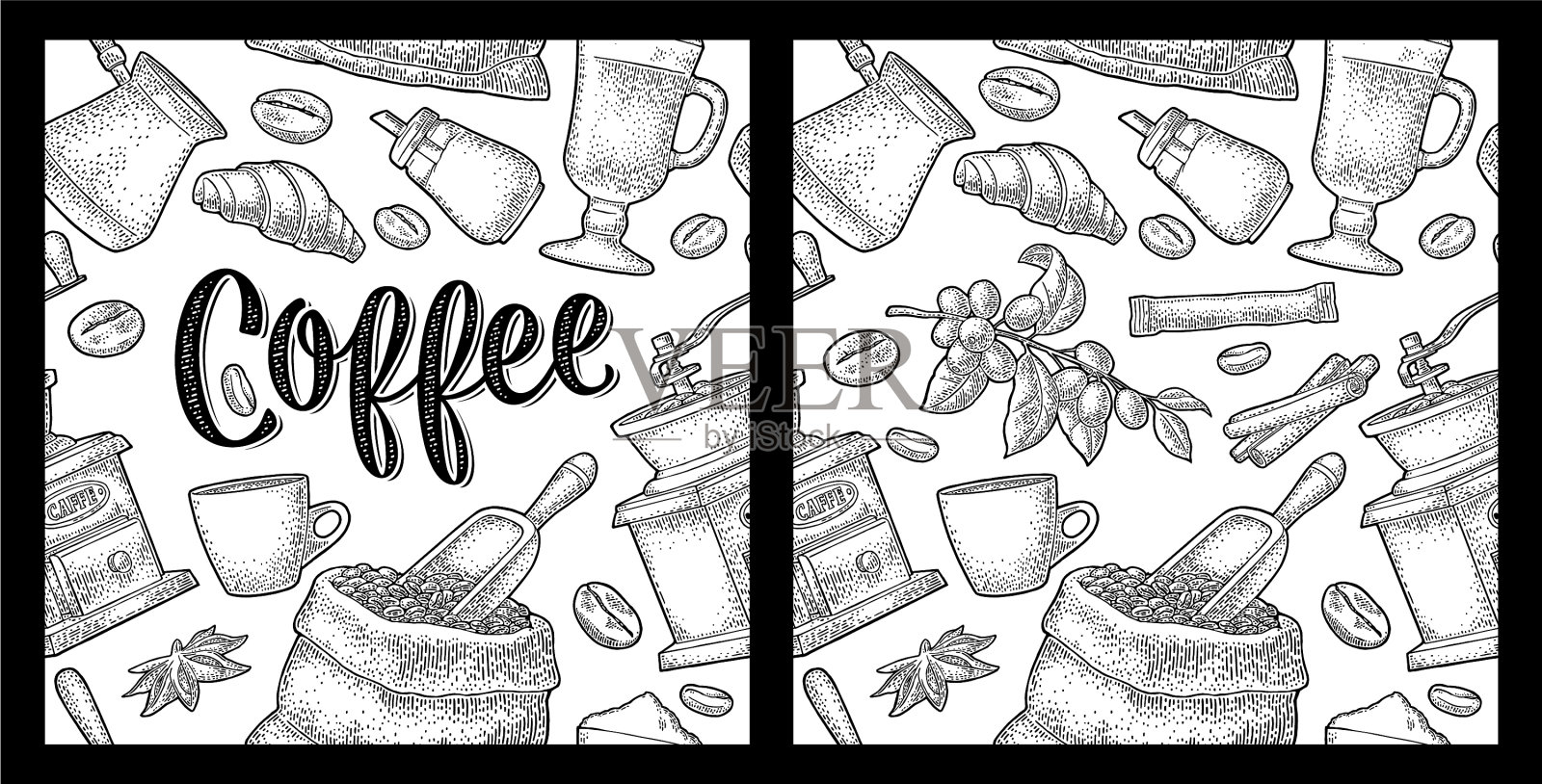 无缝图案咖啡复古单色插画图片素材