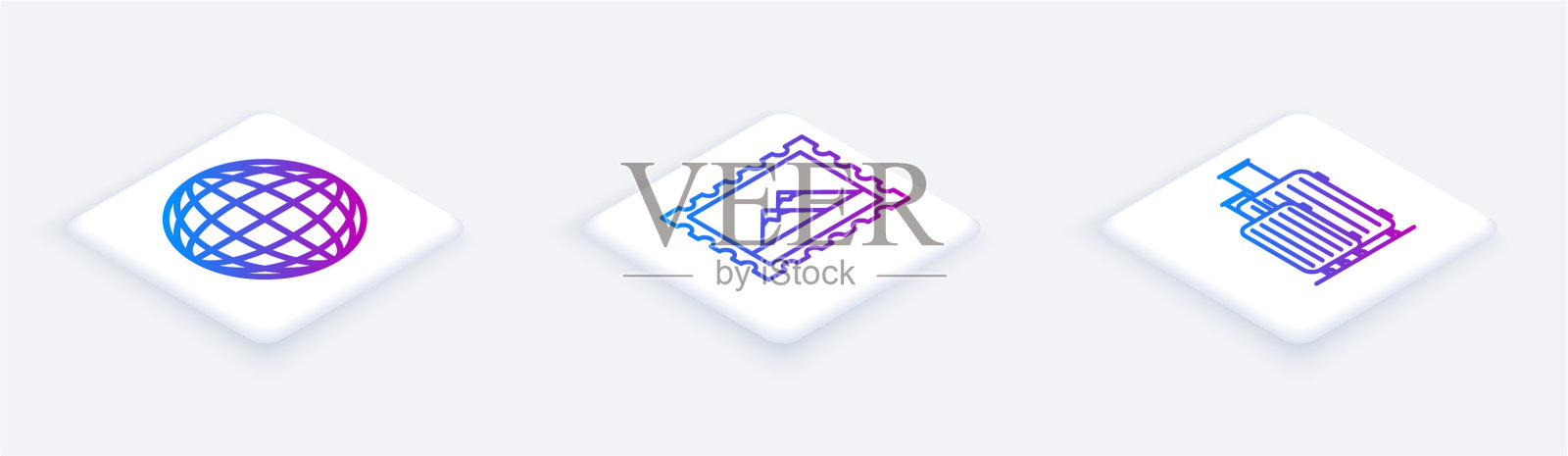 设置等距线地球仪邮票和图标素材