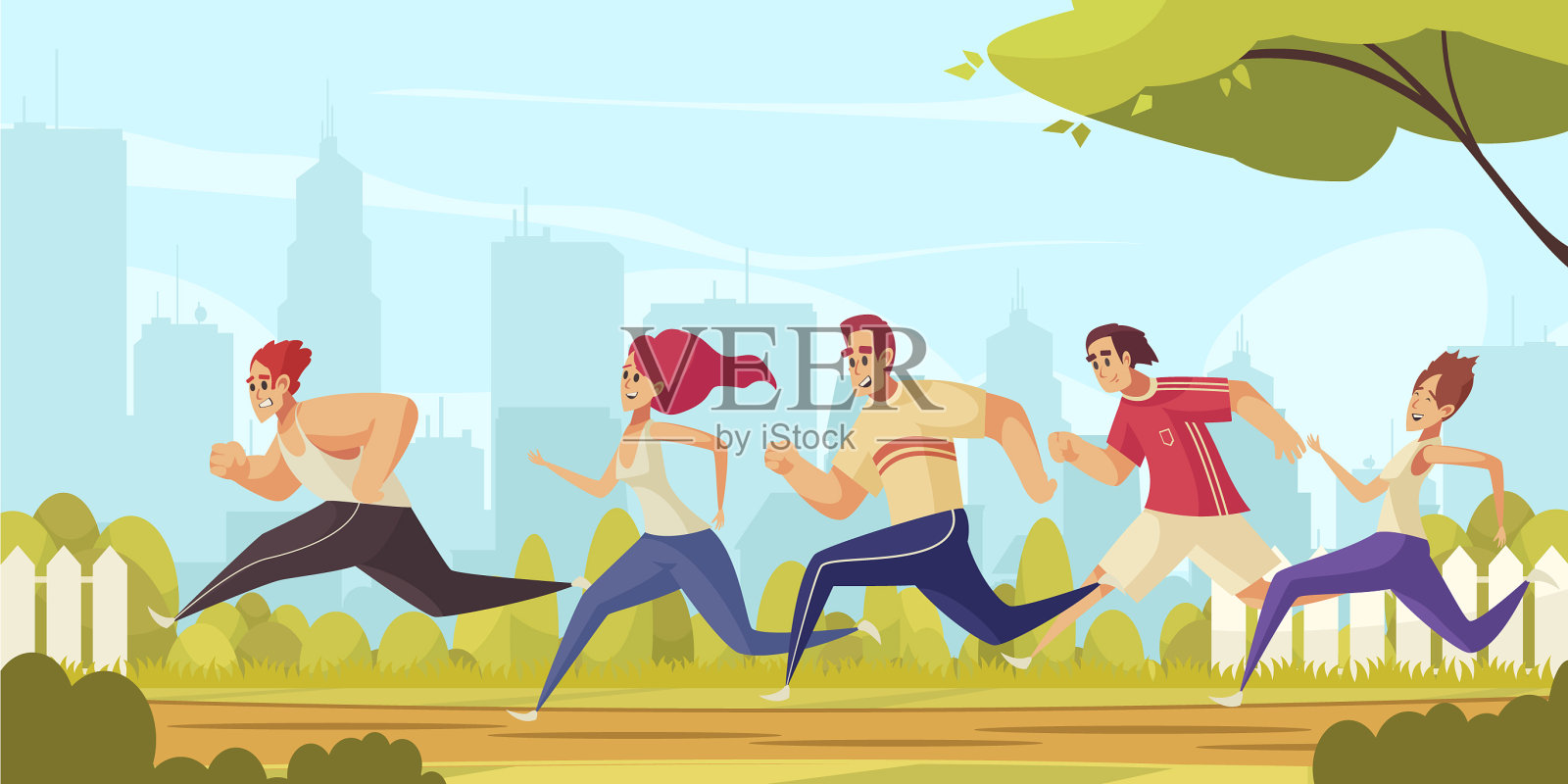 人们在城市公园里跑步插画图片素材