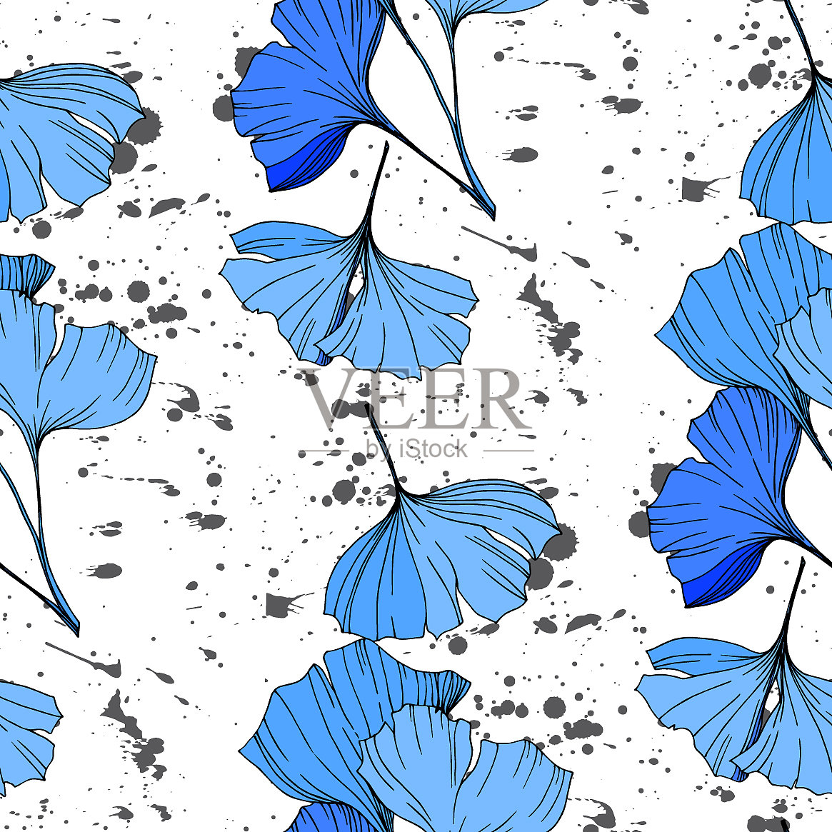 蓝银杏叶刻墨艺术插画图片素材