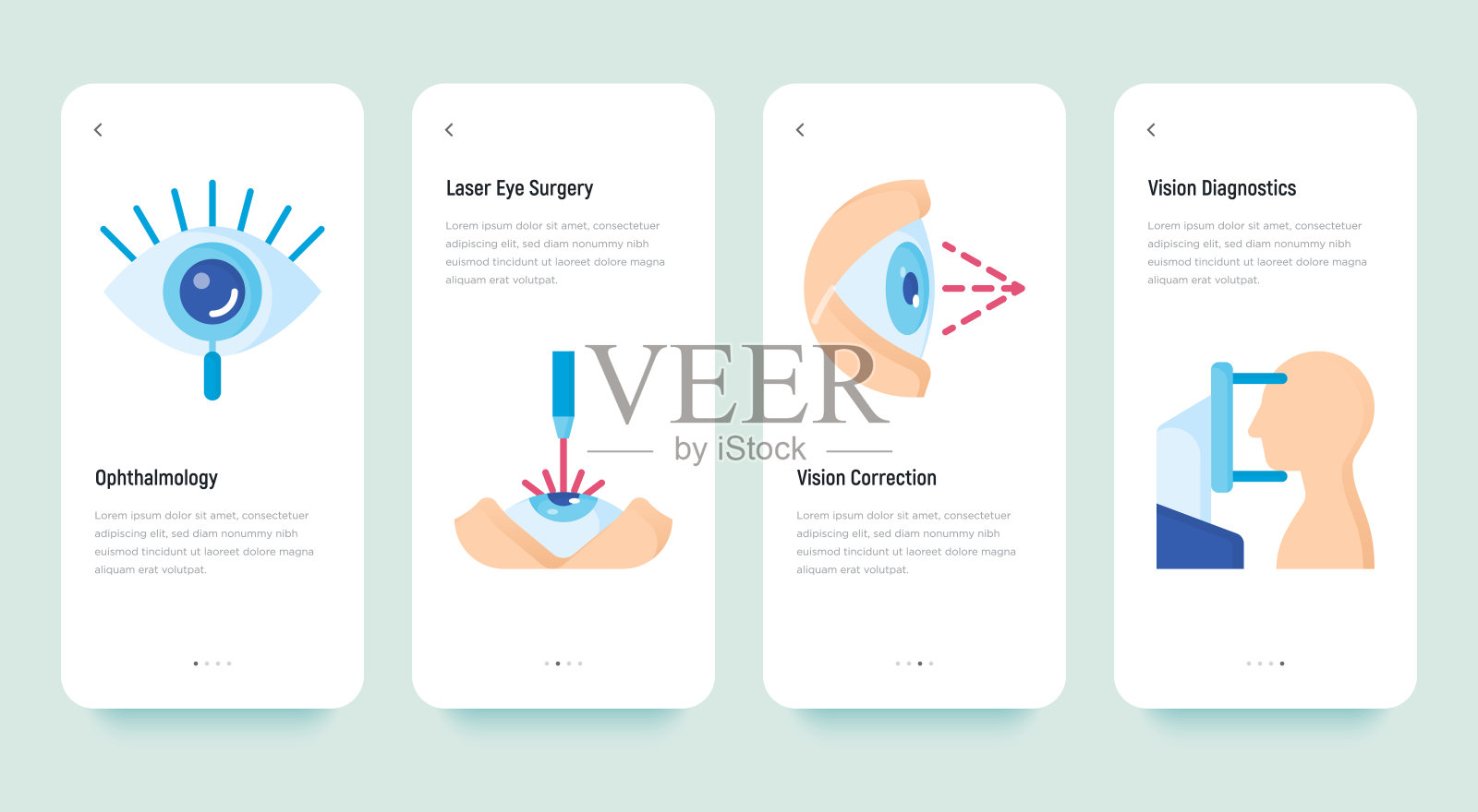 眼科移动用户界面与平面图标:激光眼科手术,视力测试,自动折射仪。矢量插图,模板与复制空间。设计模板素材