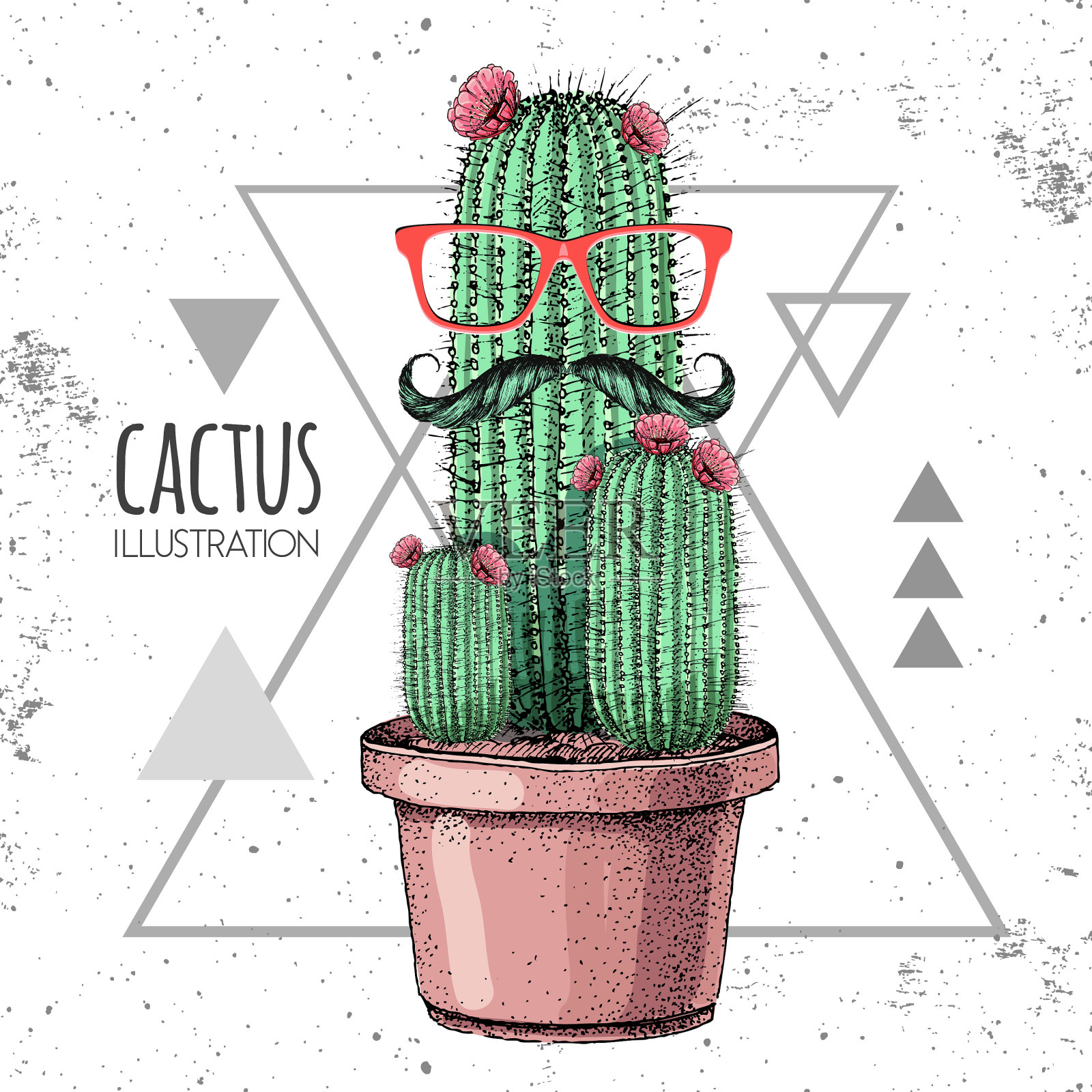 手画有胡子的时髦仙人掌插画图片素材