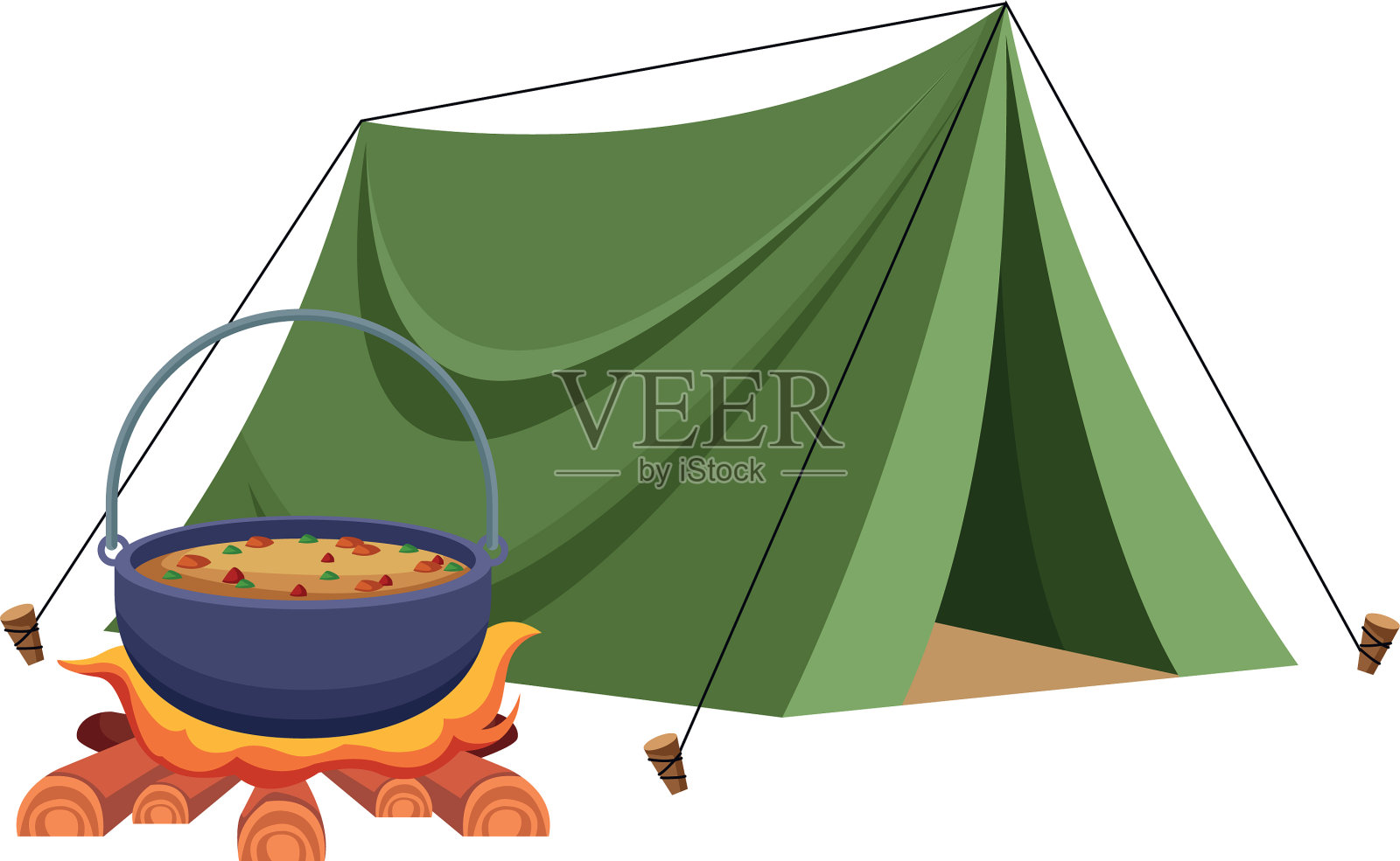 露营帐篷和篝火与锅图标平坦插画图片素材
