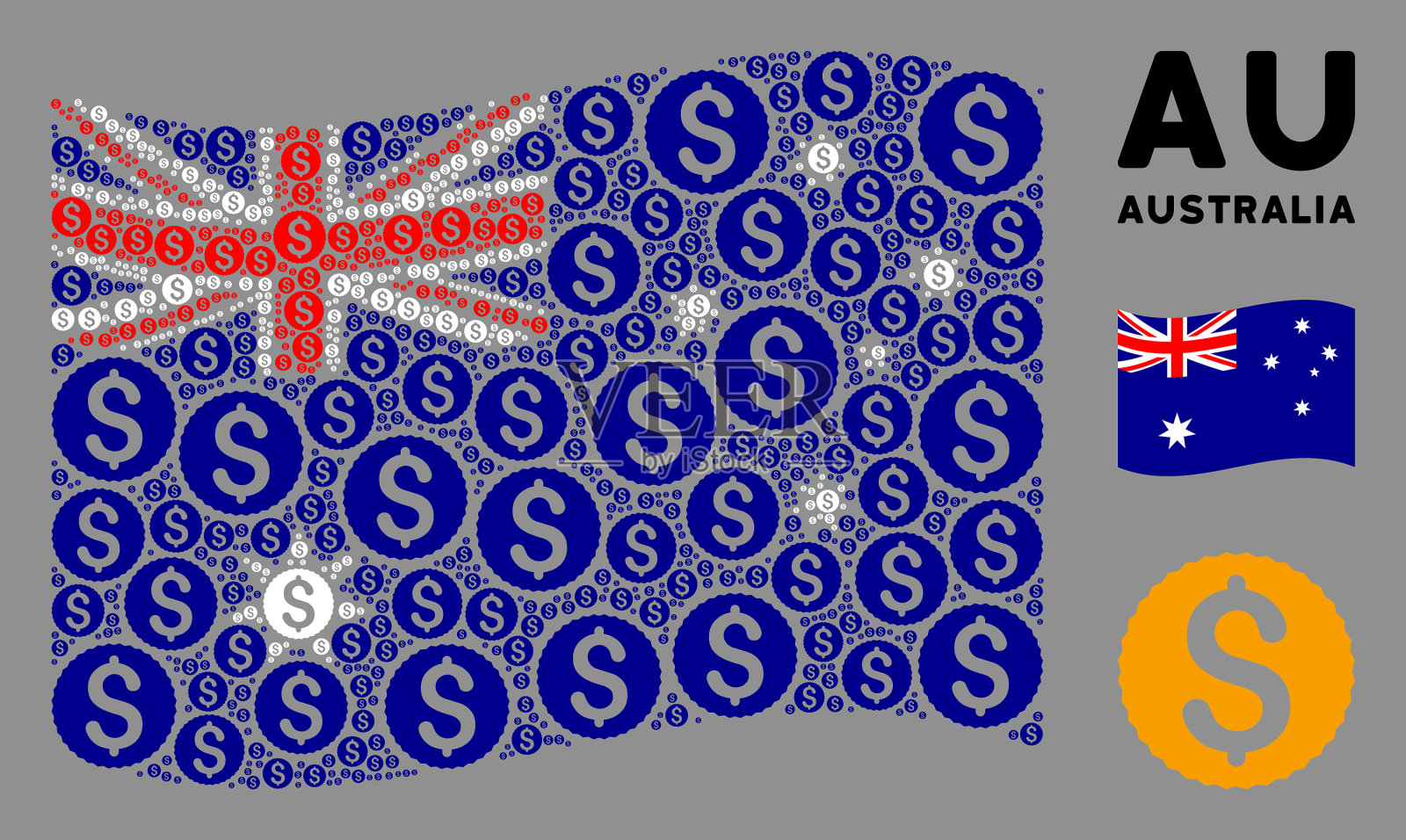 挥舞澳大利亚国旗组成的美元硬币插画图片素材