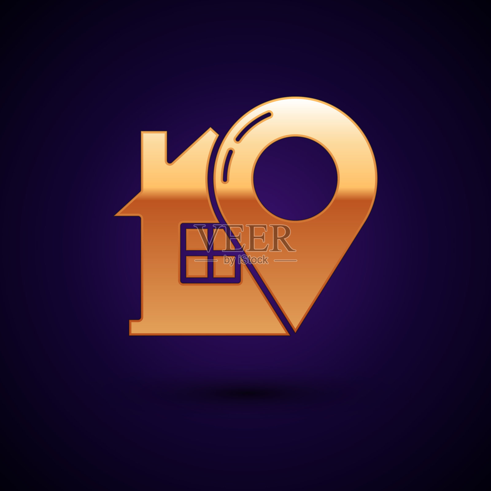 金色地图指针与房子图标隔离在黑暗插画图片素材