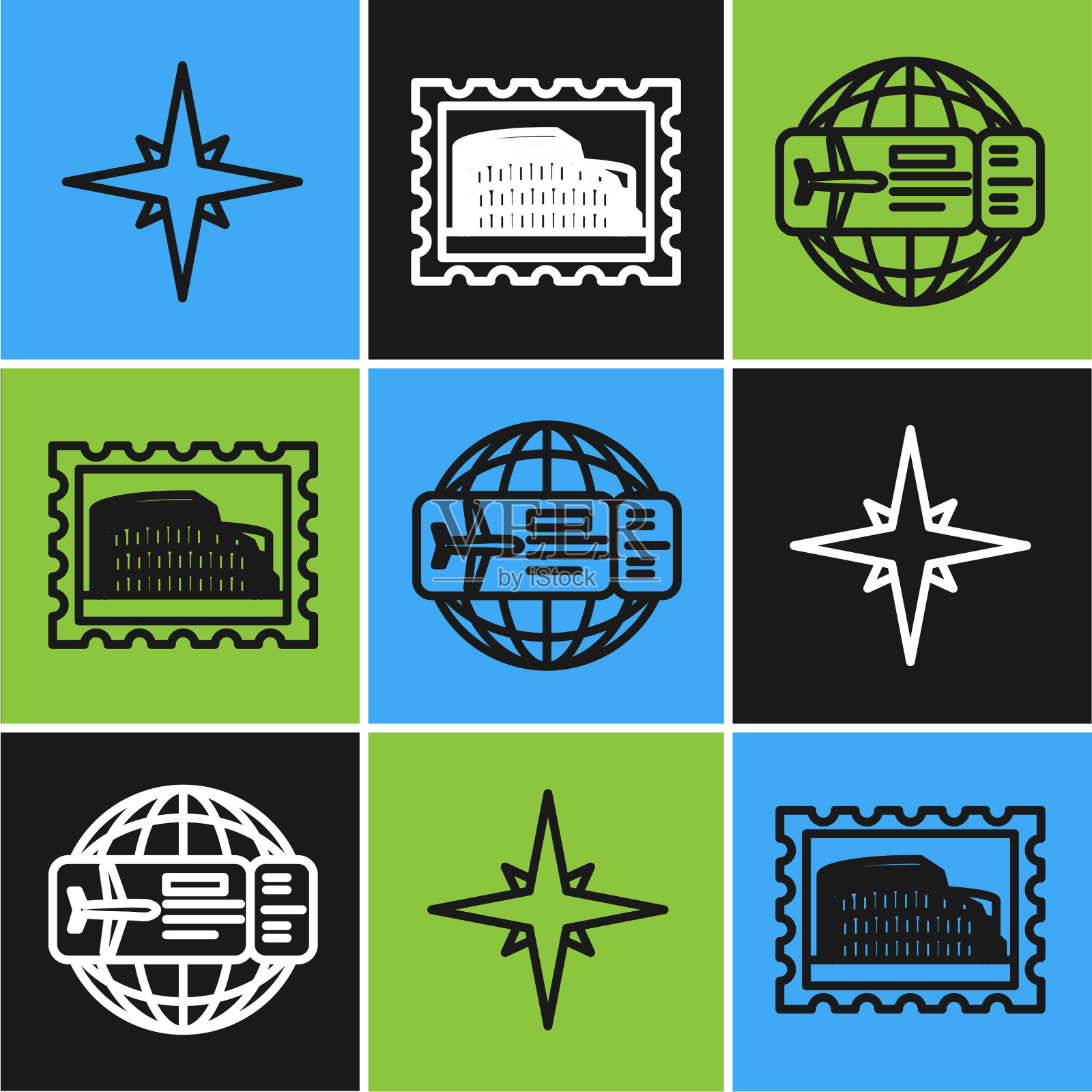 订线风玫瑰机票和邮政图标素材