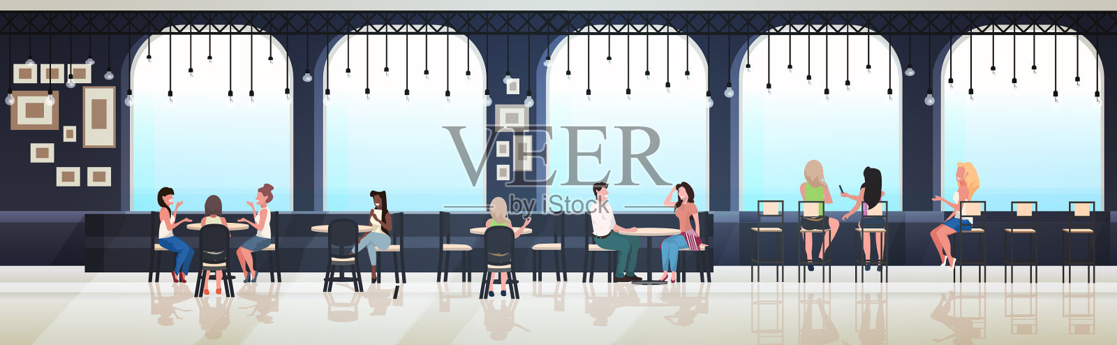 坐在咖啡桌旁的人混杂着前来比赛的游客插画图片素材