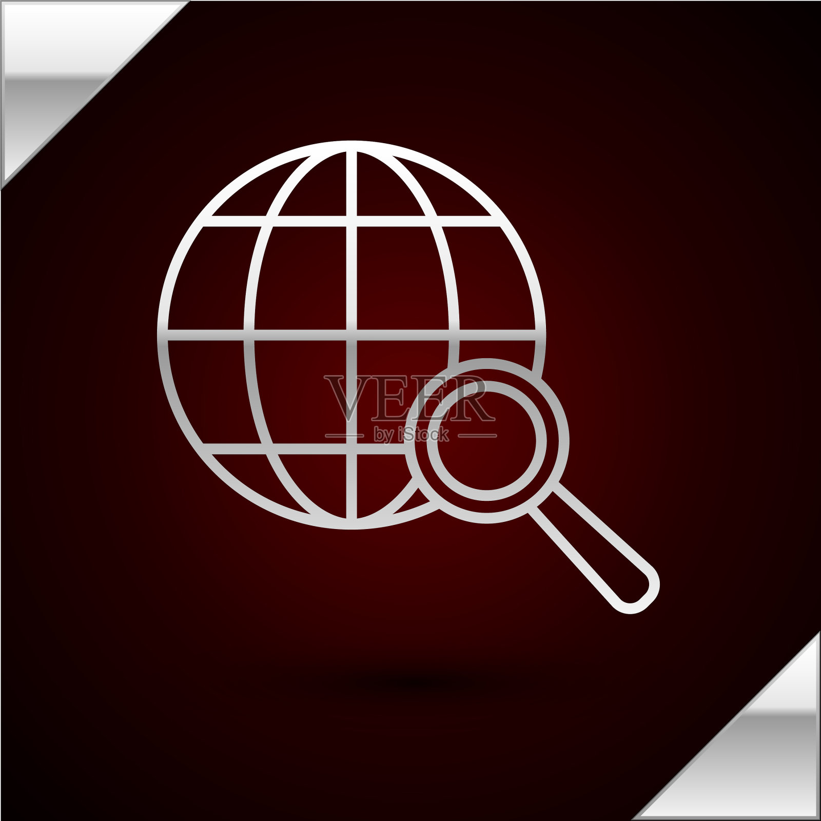 银色线放大镜与地球仪图标插画图片素材