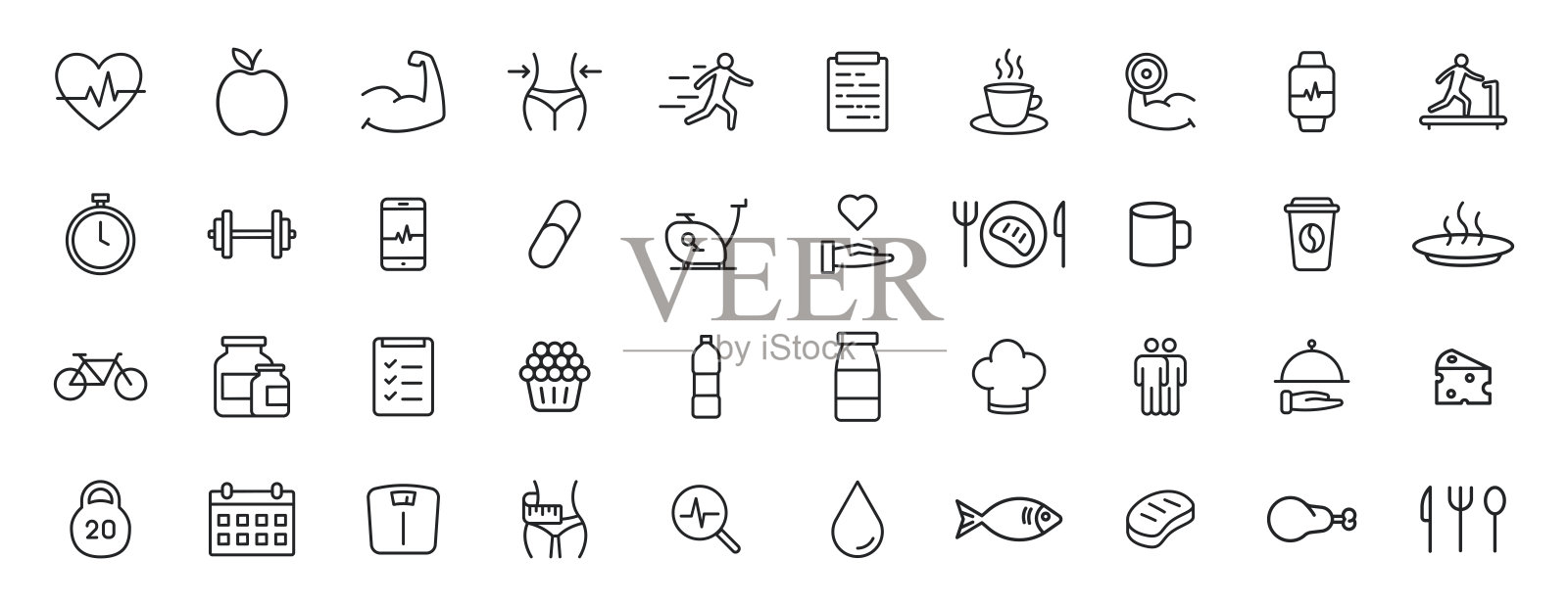 一套40运动和健身,健康食品的网页图标在线条风格。足球,营养,锻炼,团队合作。矢量插图。插画图片素材