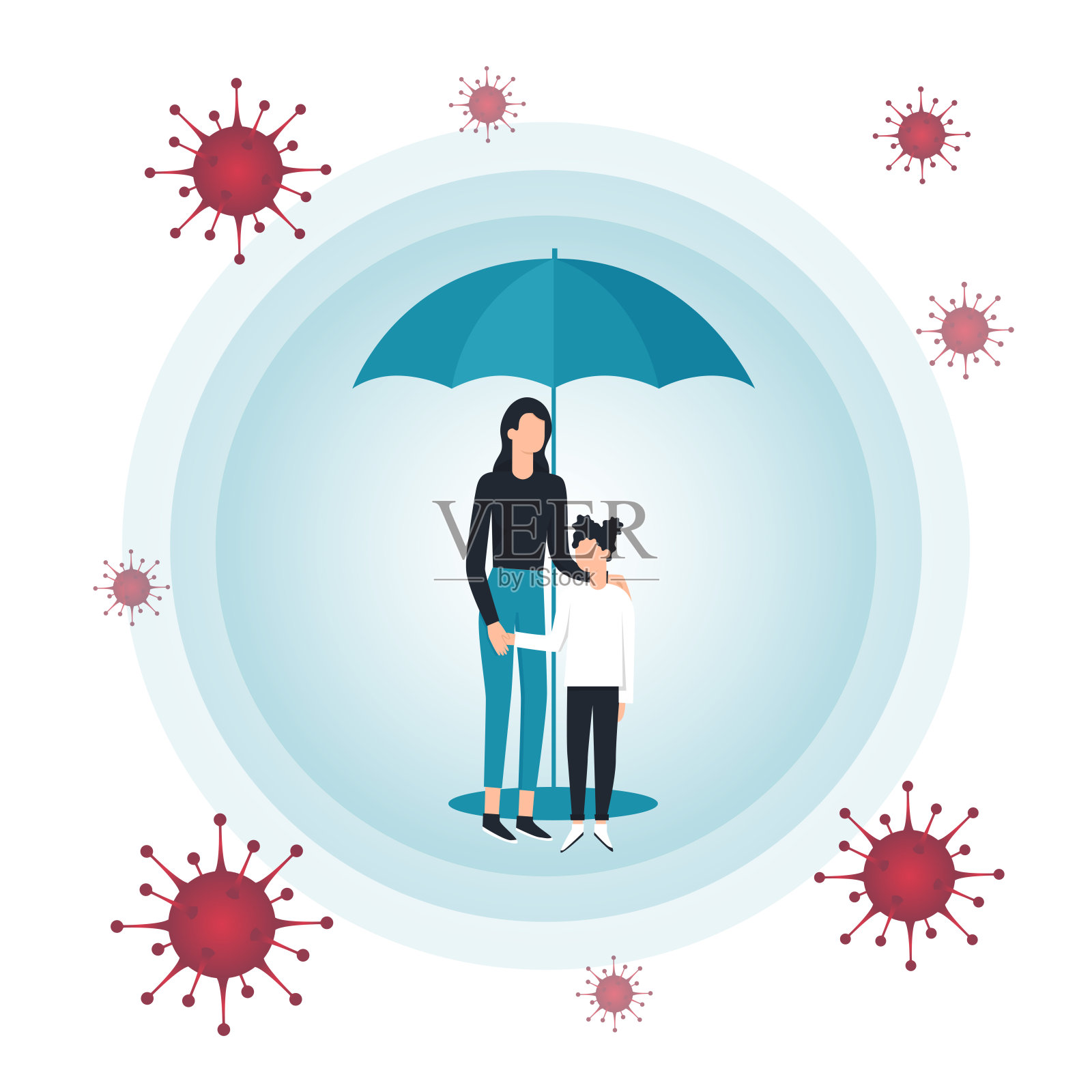 Covid-19期间家庭病媒平面插图。冠状病毒感染控制。空气中的细菌。免疫系统保护,促进,促进,支持。保护和雨伞插画图片素材