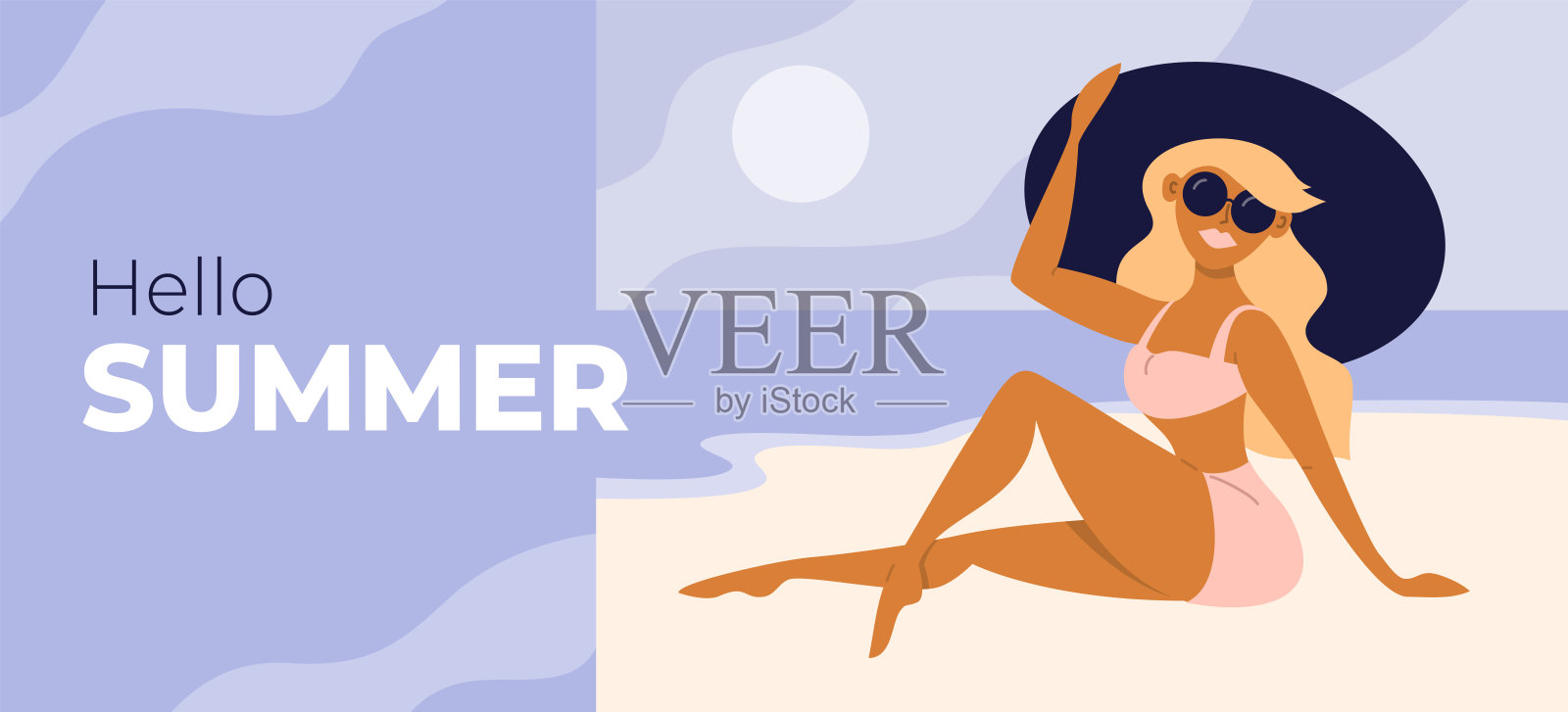 你好夏天海报与可爱的女孩在海滩上的泳衣日光浴插画图片素材