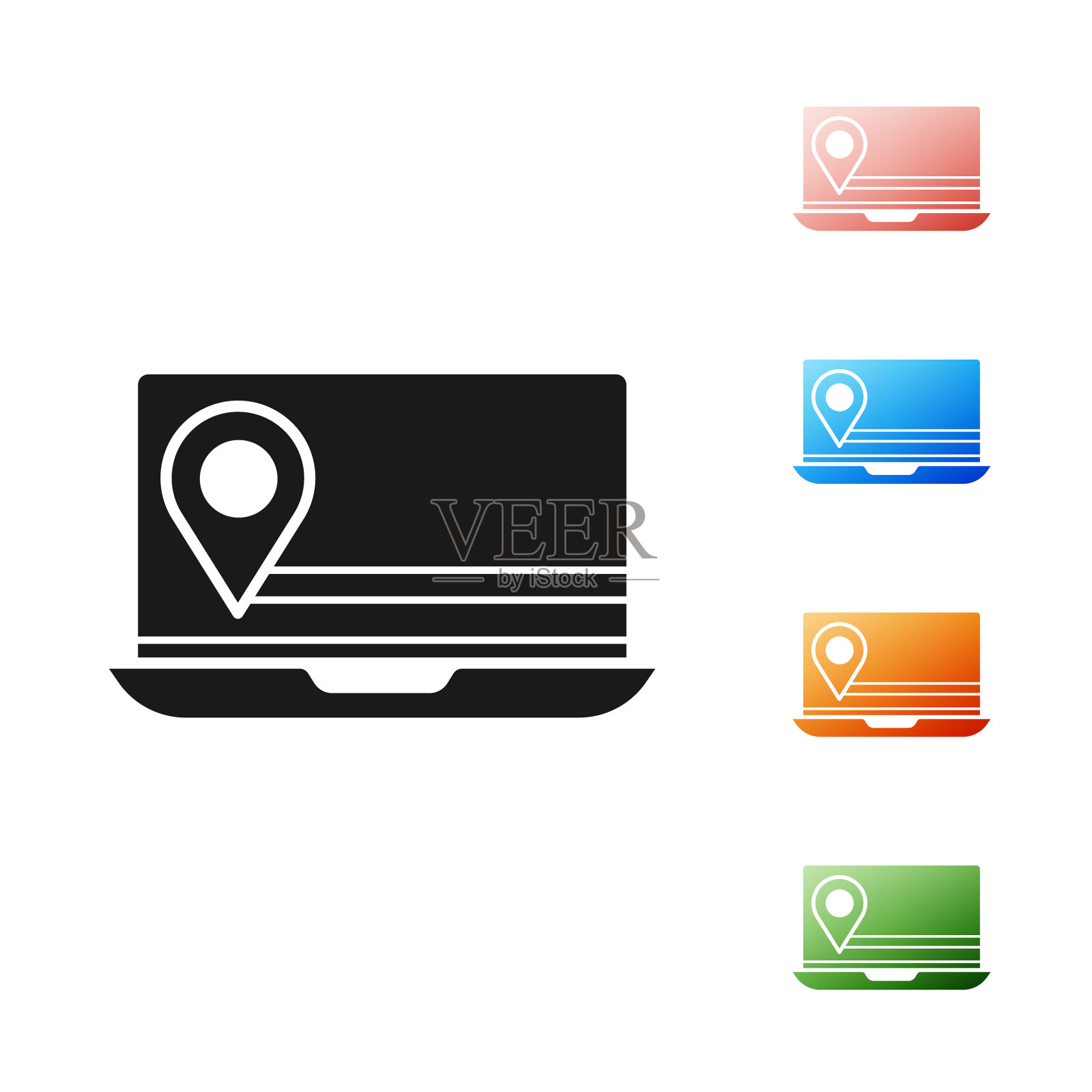 黑色笔记本电脑与位置标记图标隔离图标素材