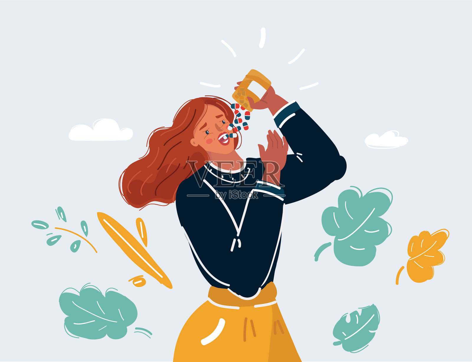 一个女人在嘴里吃药丸插画图片素材