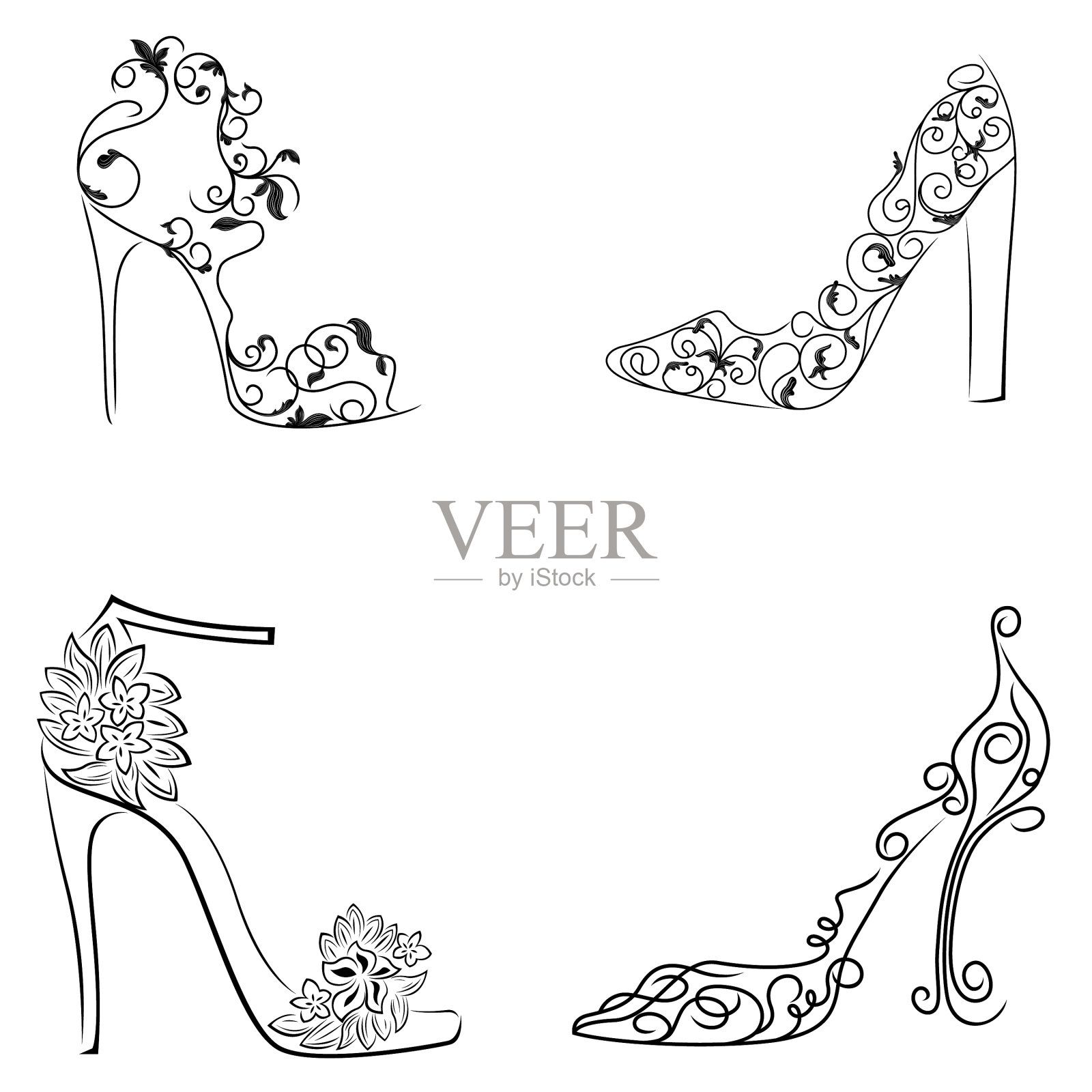 设置四个抽象花卉女鞋插画图片素材