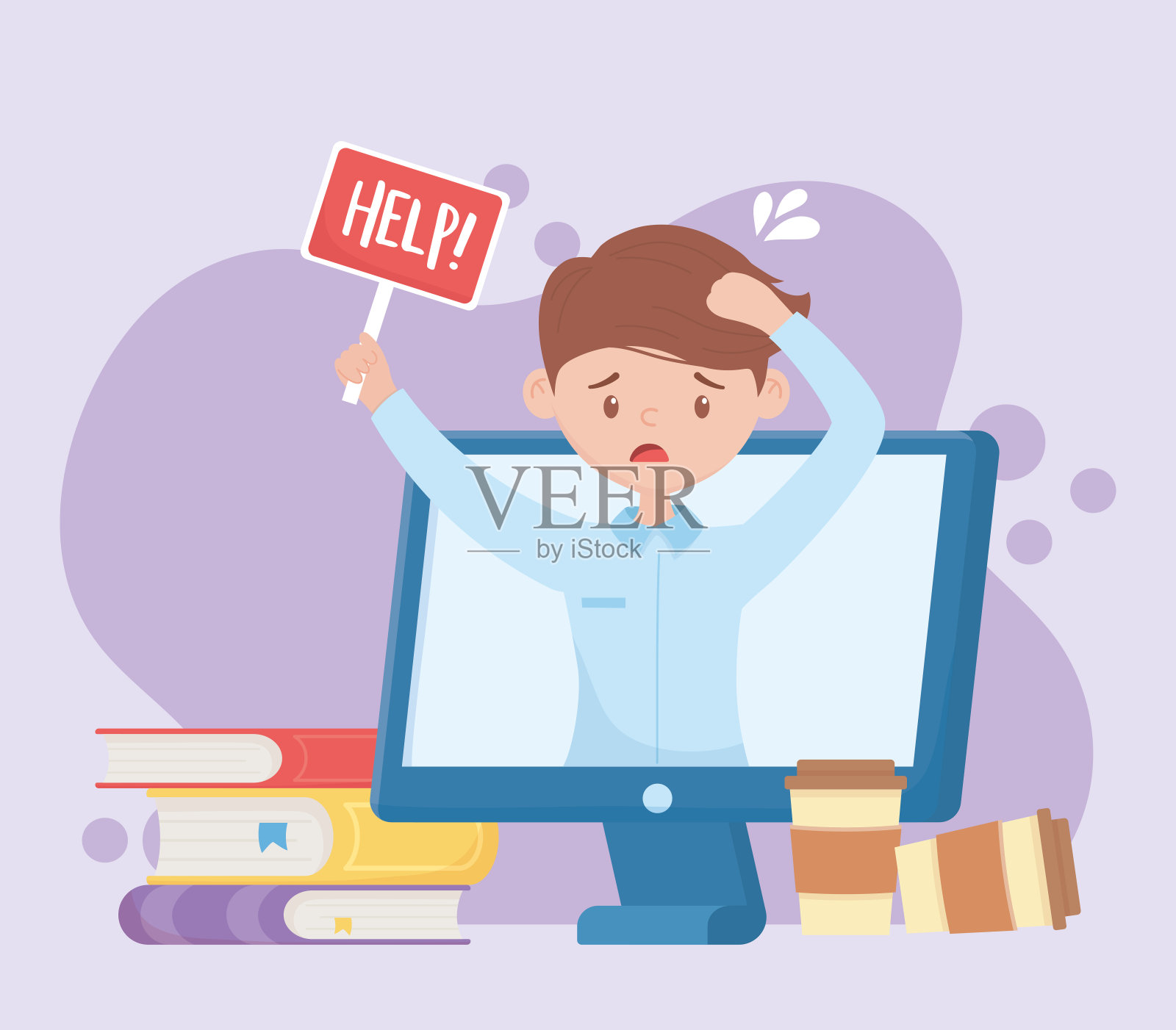 工作压力:员工举着求助标志进行视频电脑工作插画图片素材