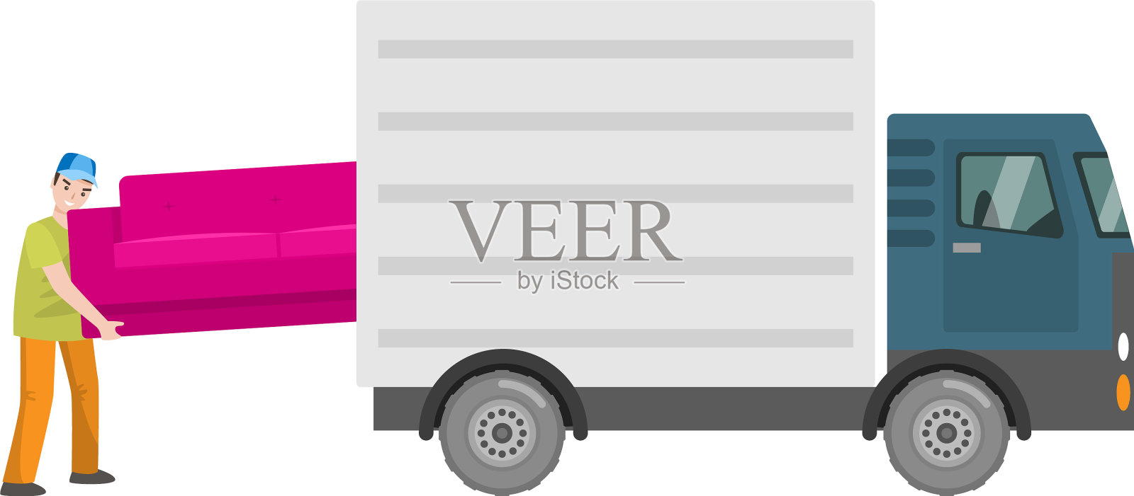 一个男人把一个粉红色的大沙发放到卡车的后备箱里设计元素图片