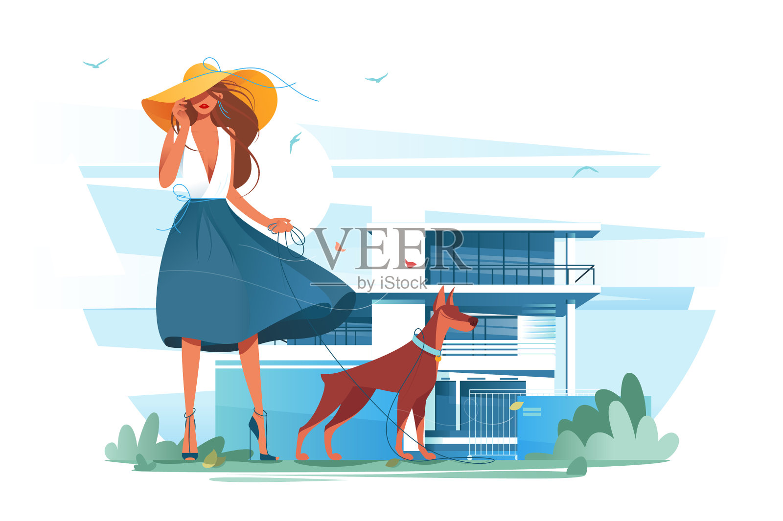 扁平的年轻剪影女子与帽子连衣裙和设计元素图片