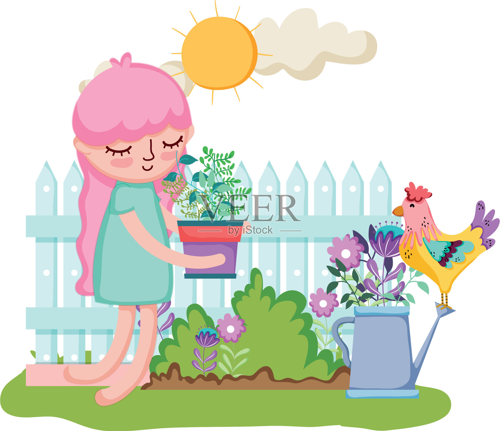 小女孩正在用栅栏和设计元素图片