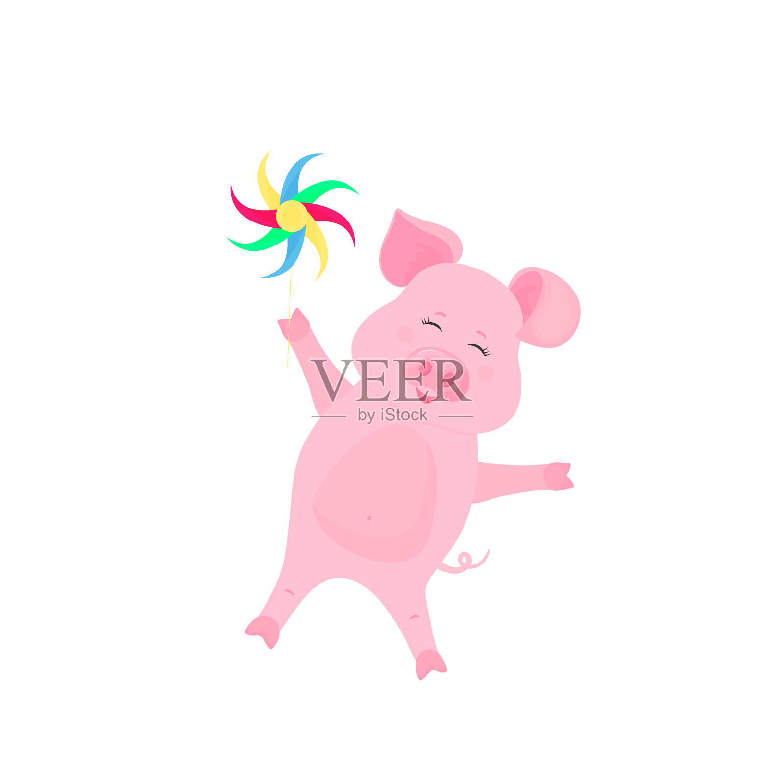 派对贺卡上玩风车的滑稽猪设计元素图片