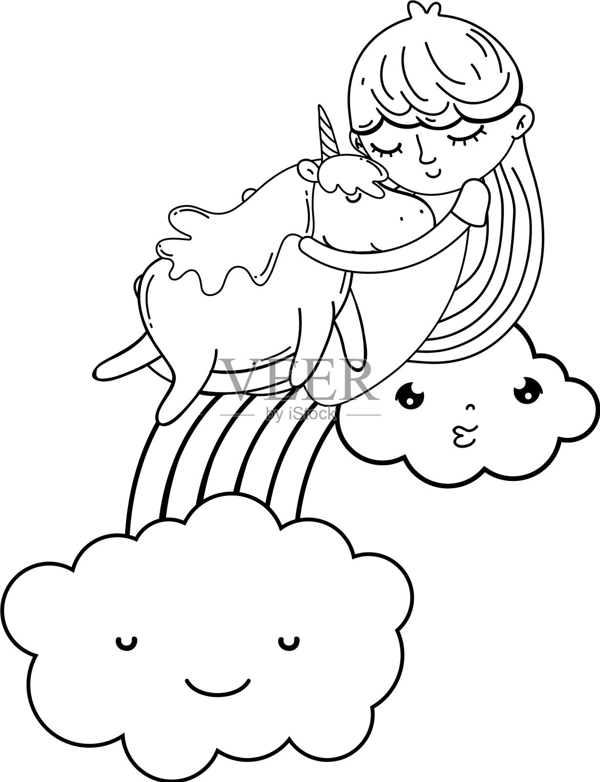 有独角兽和彩虹的小女孩设计元素图片