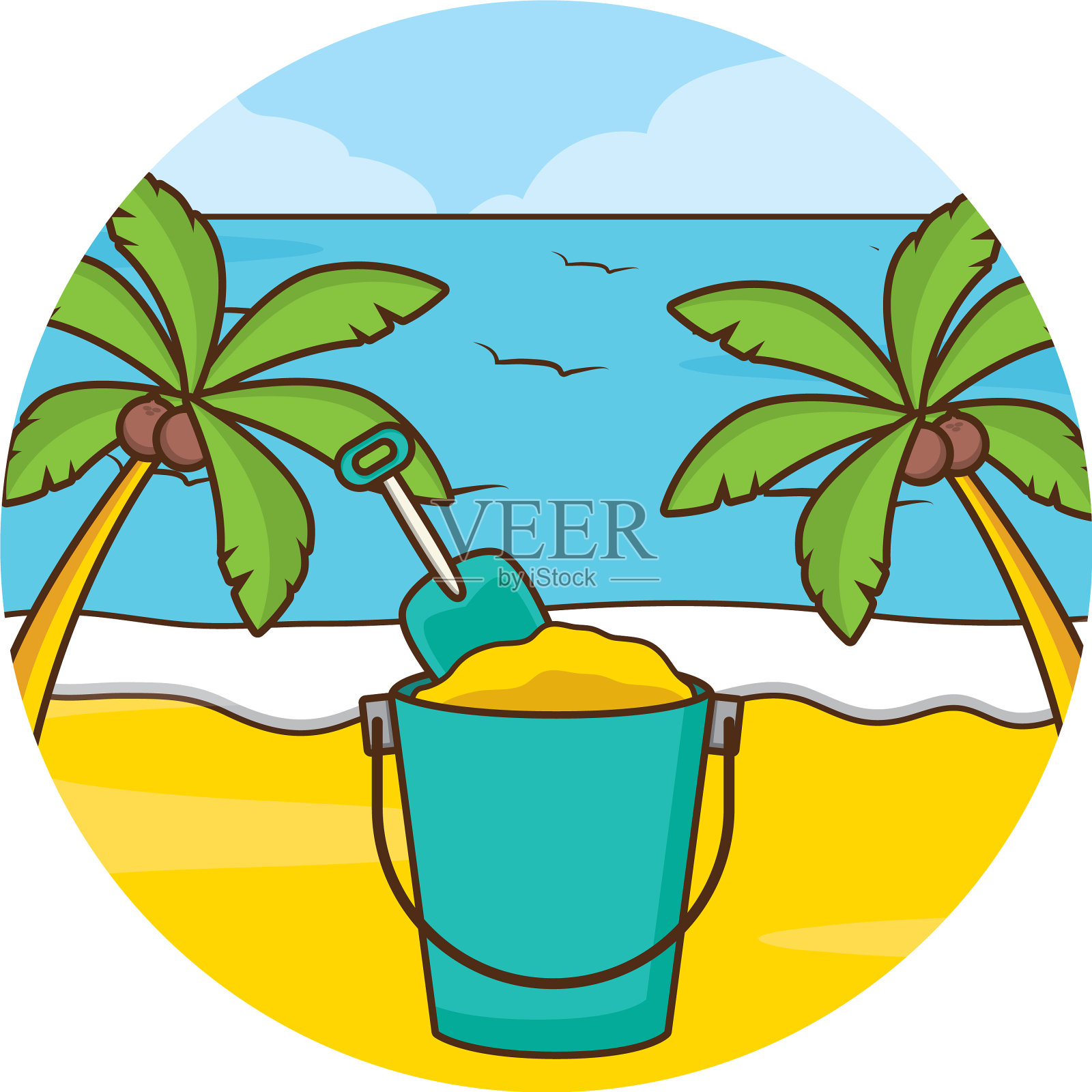 度假海滩棕榈海沙桶插画图片素材