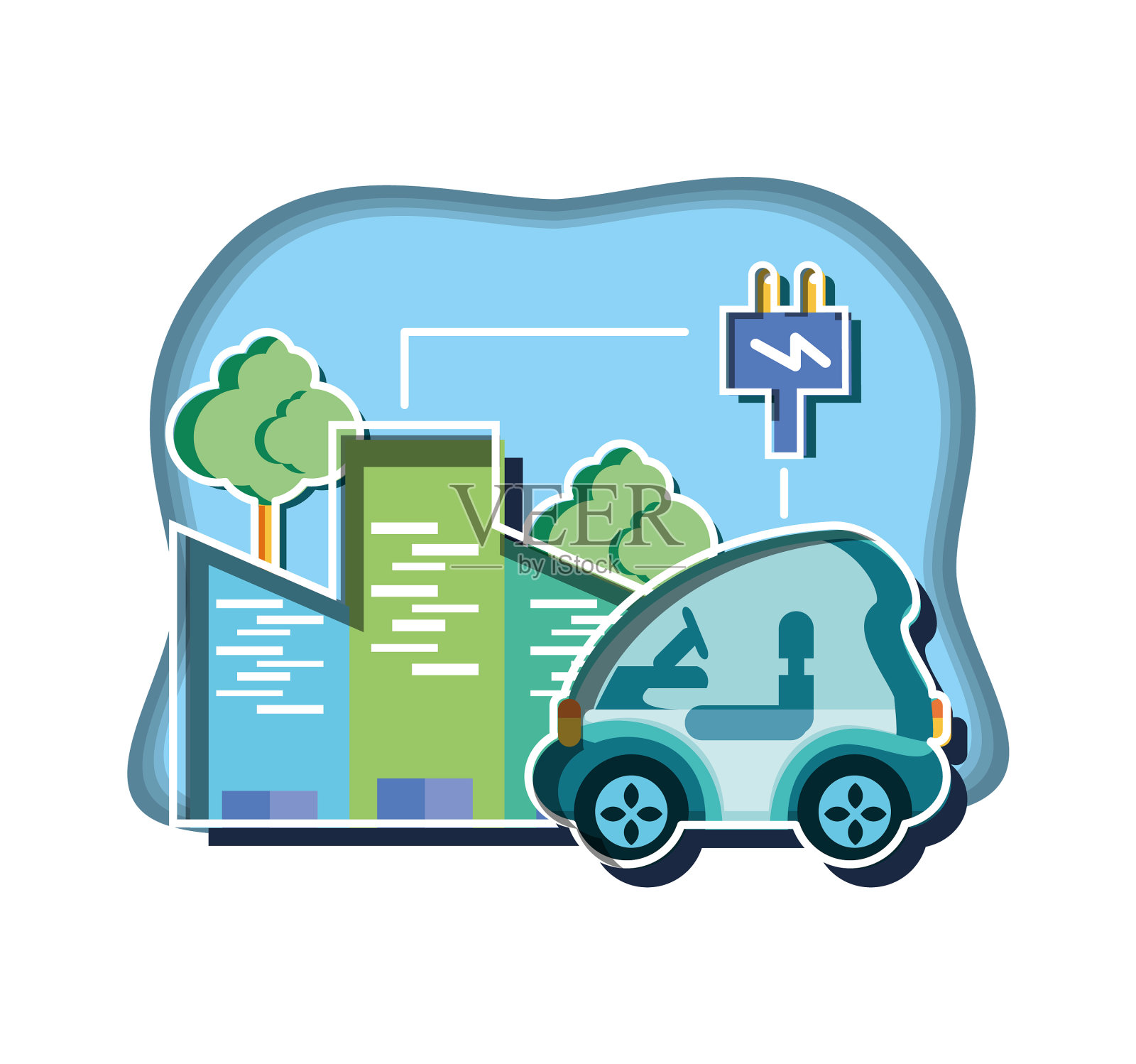 电动汽车与能源插头和建筑物设计元素图片