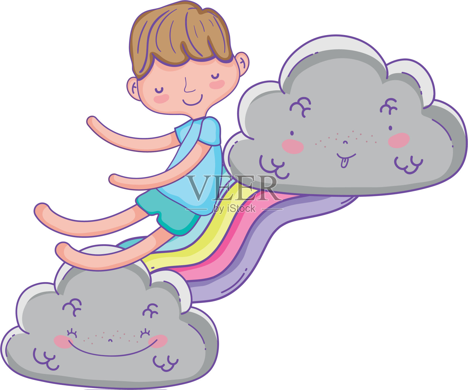 彩虹和云彩上的孩子的卡通设计元素图片