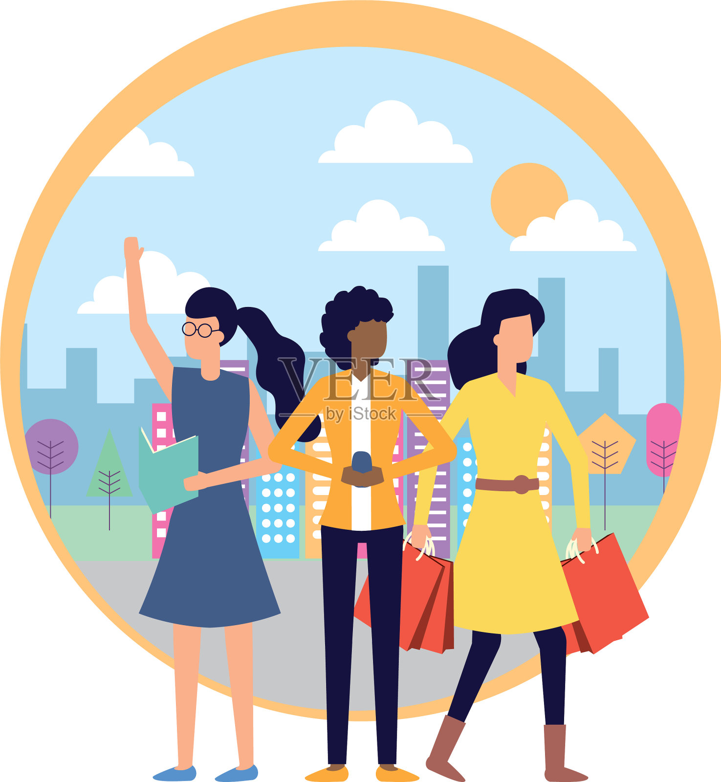 有智能手机纸和购物袋的女人设计元素图片