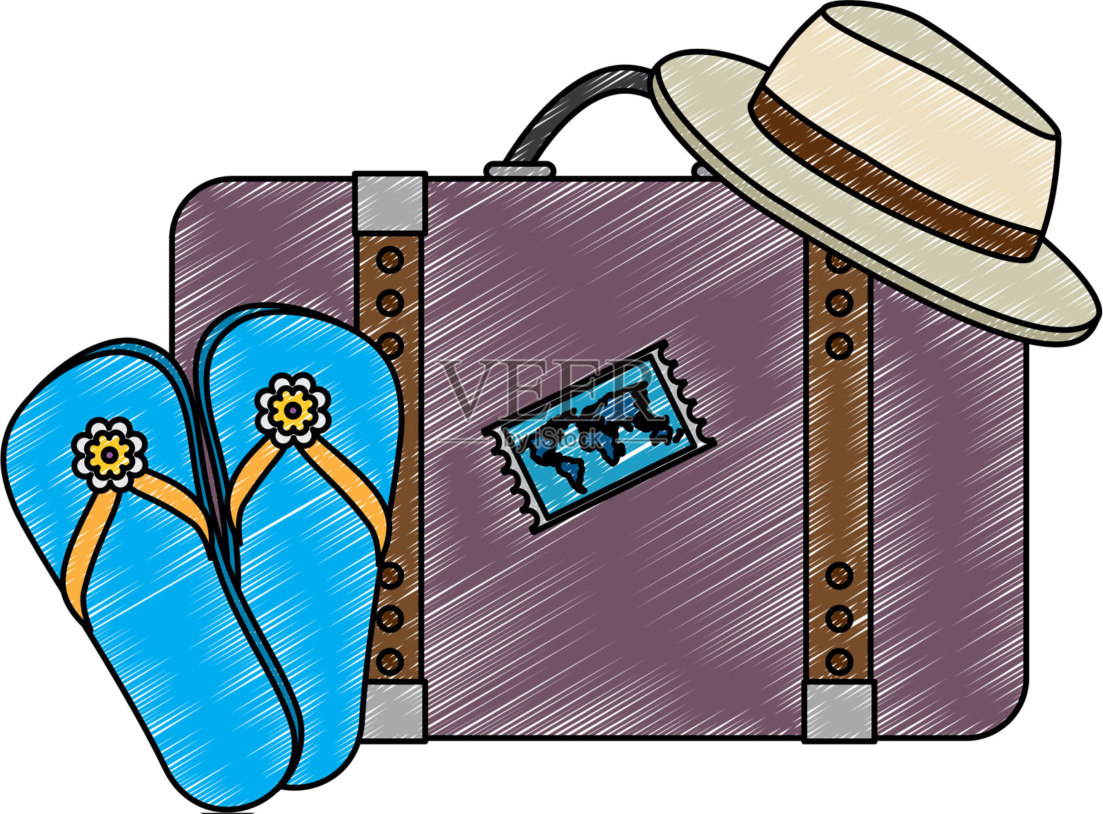 带夏日帽子和凉鞋的旅行箱设计元素图片