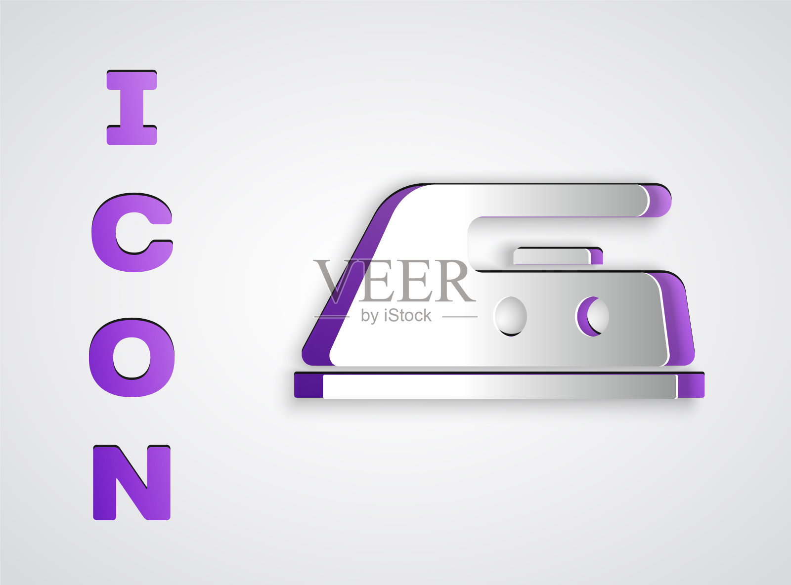 剪纸电熨斗图标孤立在灰色背景上。蒸汽熨斗。纸艺术风格。矢量图图标素材