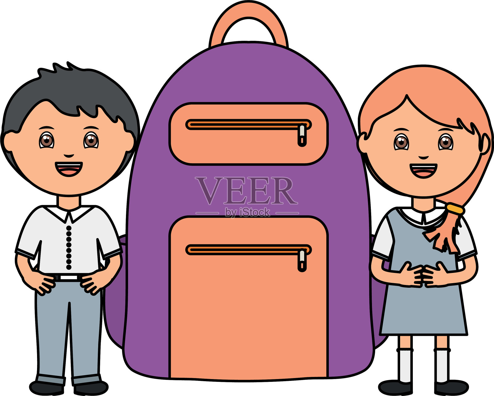 可爱的小学生夫妇与书包设计元素图片