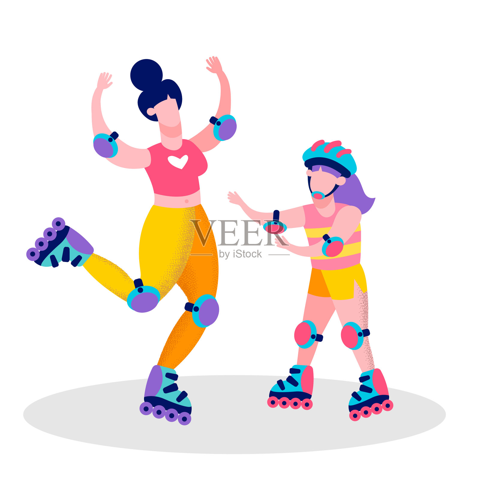 快乐的母女在滚轴溜冰横幅上设计元素图片