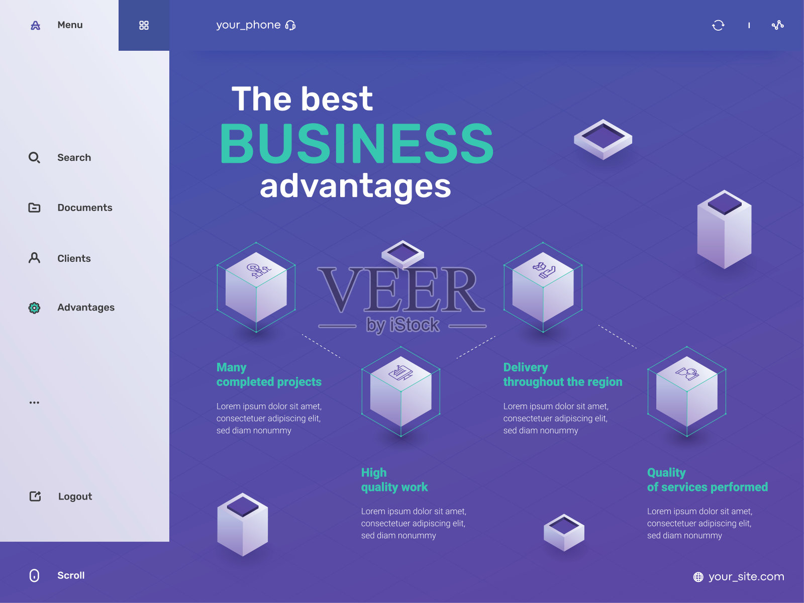 简单多彩的信息图形设计模板。圆形元素与4个象形图和文本框。你的生意有四个优势。矢量插图的演示,网站,横幅和打印插画图片素材