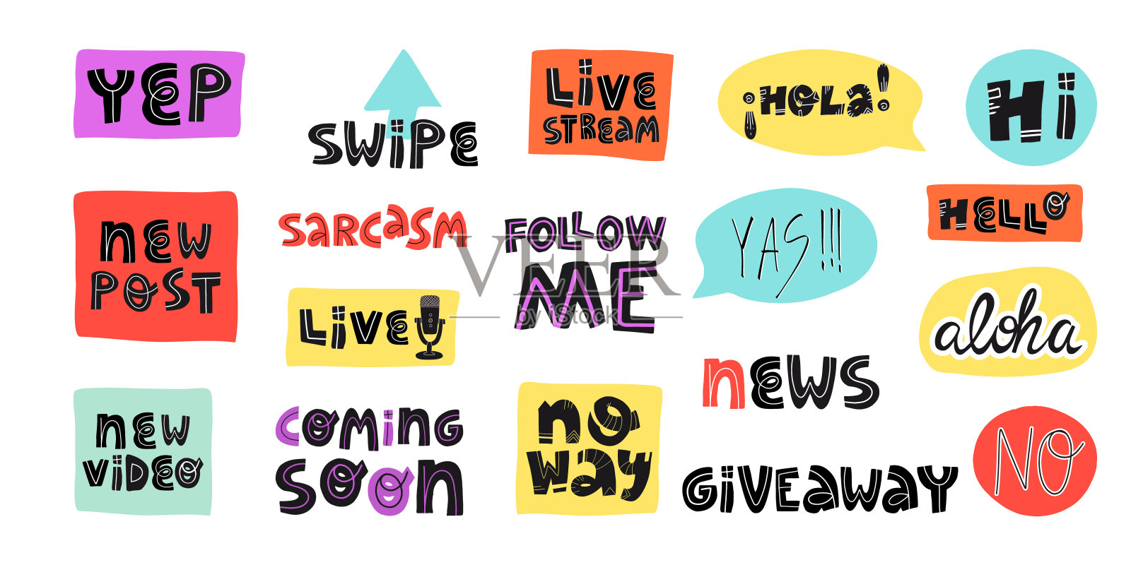 博客和视频博客贴纸集。挑战、跟随我、新帖子、视频、看我的故事、刷卡、挑战、实时刻字、各种头像或亮点,可通过麦克风、耳机、摄像头等插画图片素材