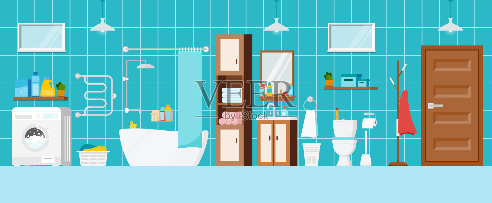 现代浴室,卫生间和洗衣机的内部场景。插画图片素材