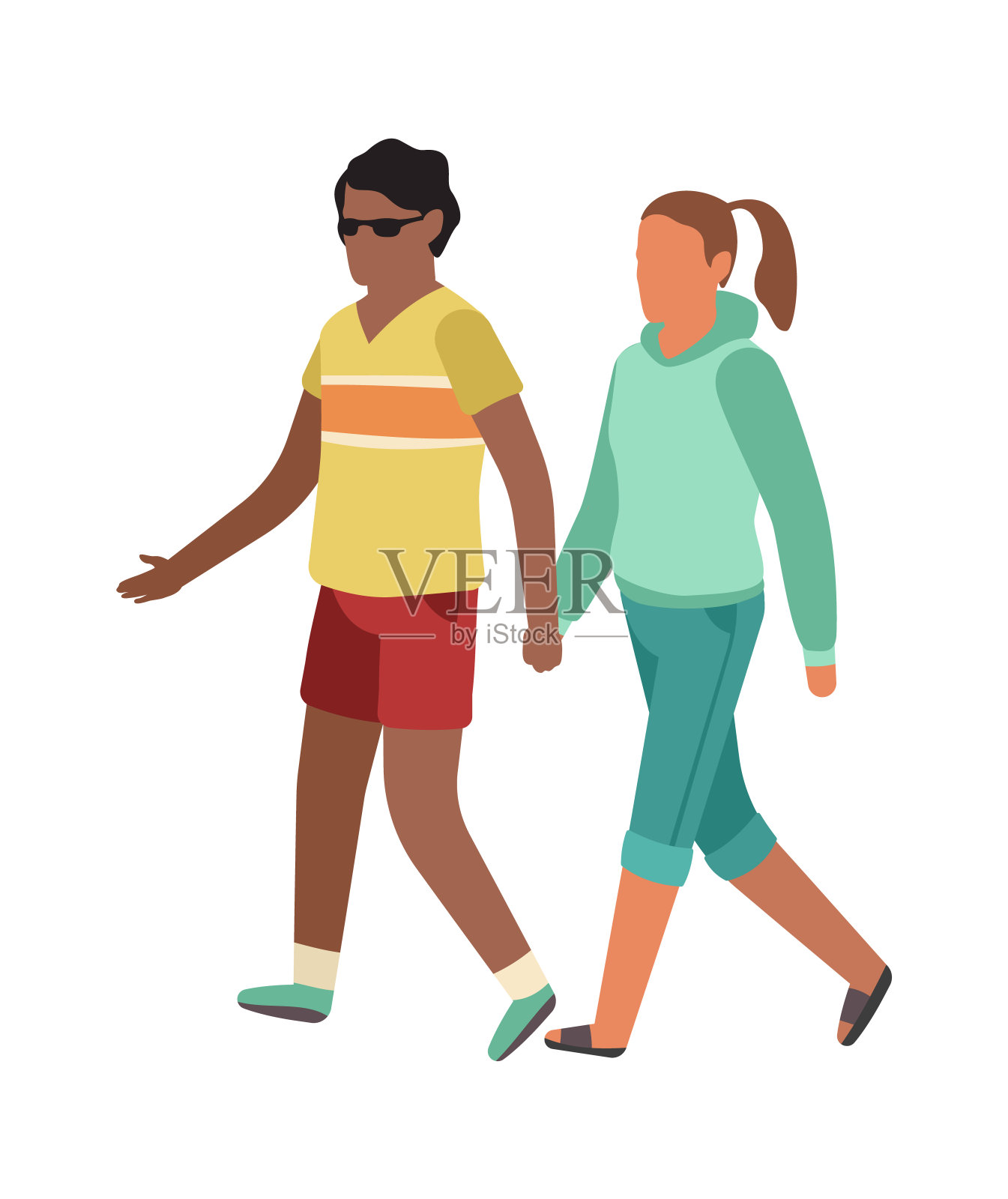 卡通行走。浪漫的家庭在公园,男人和女人手牵手平面矢量插图插画图片素材