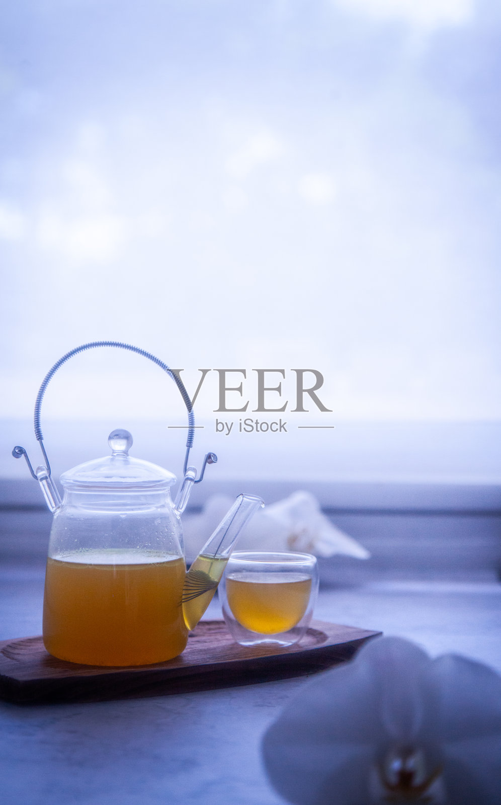 姜黄生姜柠檬肉桂蜂蜜茶、你最喜欢的书和蝴蝶兰在COVID-19封锁中放松、放松和增强你的健康照片摄影图片