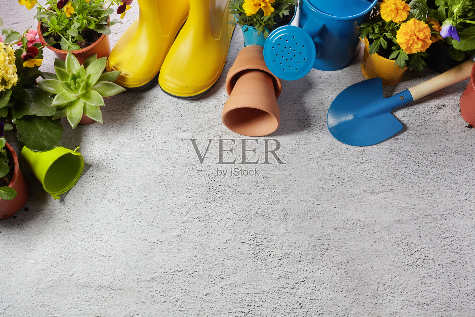 园艺工具,人行道上的鲜花。春季园林作品概念。布局与自由空间捕获从上面。照片摄影图片