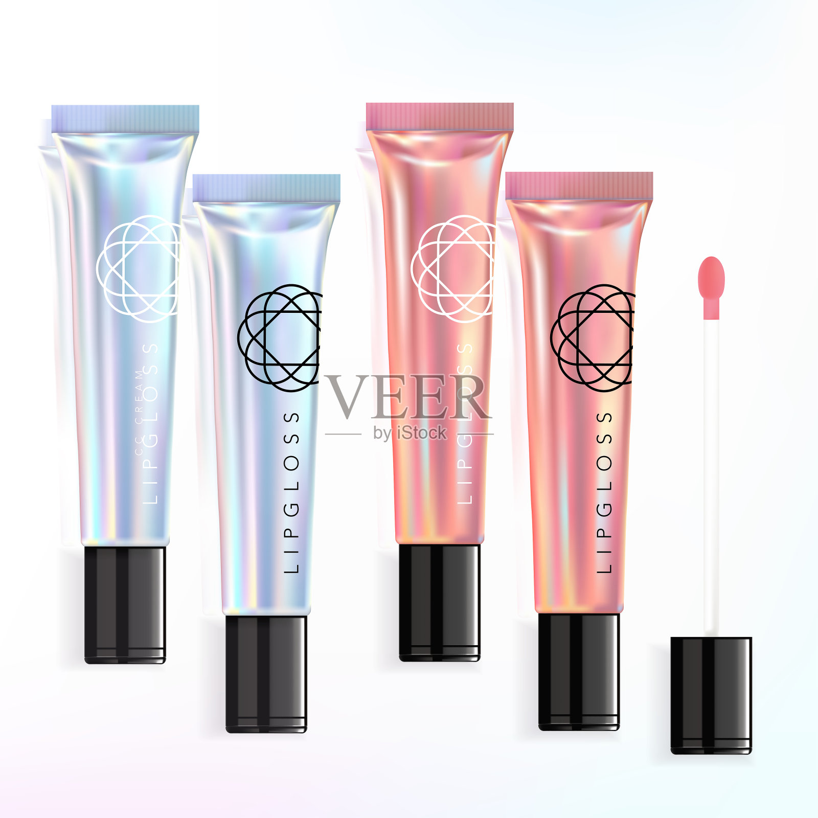 向量白色,粉色超薄全息化妆品唇彩管包装与涂布器插画图片素材