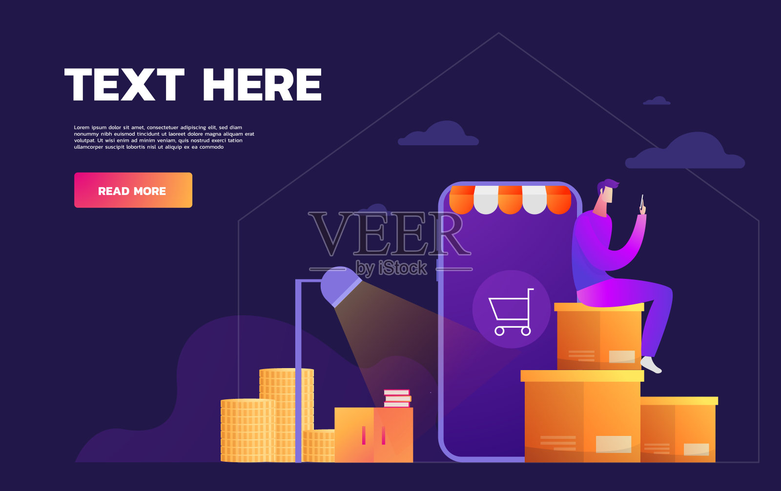 冠状病毒传染病隔离。年轻人网上购物。智能手机移动应用上的消费主义。在家购买。生存COVID 19。平面向量插图插画图片素材