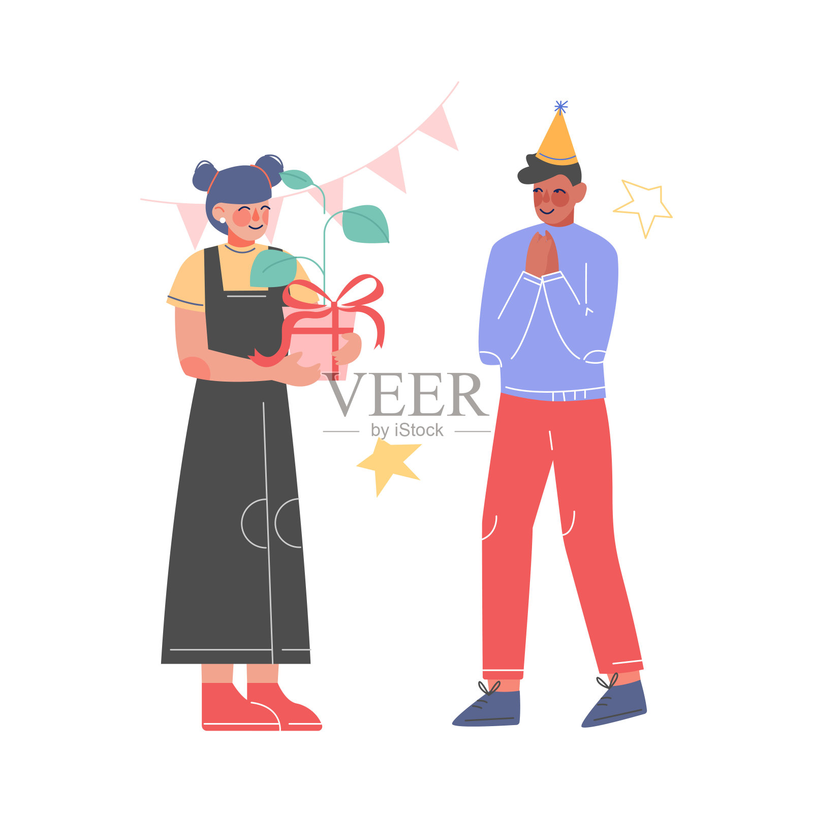 少女将节日礼品盒送给戴派对帽的快乐男孩,儿童庆祝生日派对卡通矢量插图插画图片素材