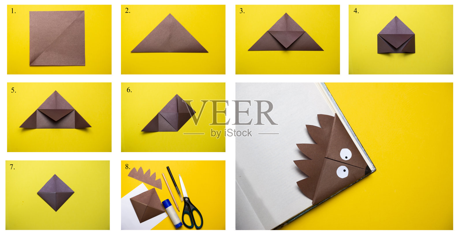 一步一步地用照片说明如何用棕色刺猬的形式给书做书签。DIY的概念。孩子们的工艺。照片摄影图片