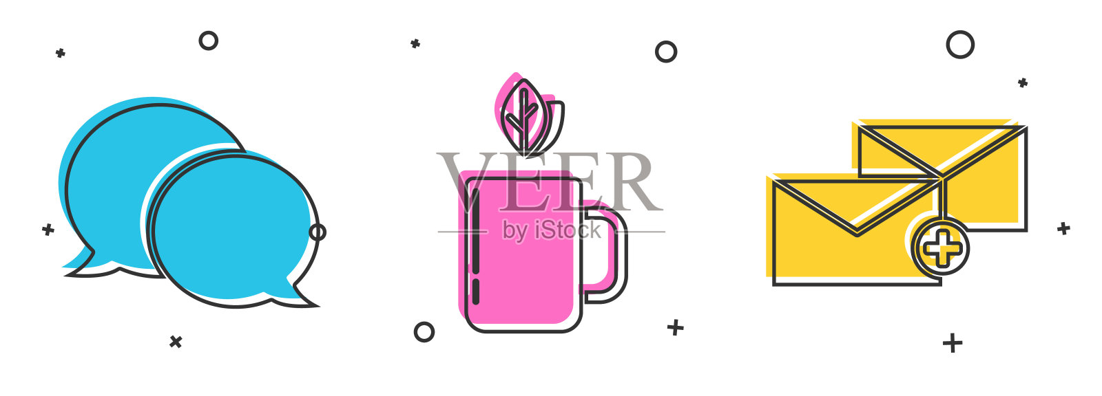 设置语音气泡聊天,茶和叶子杯和信封图标。向量插画图片素材