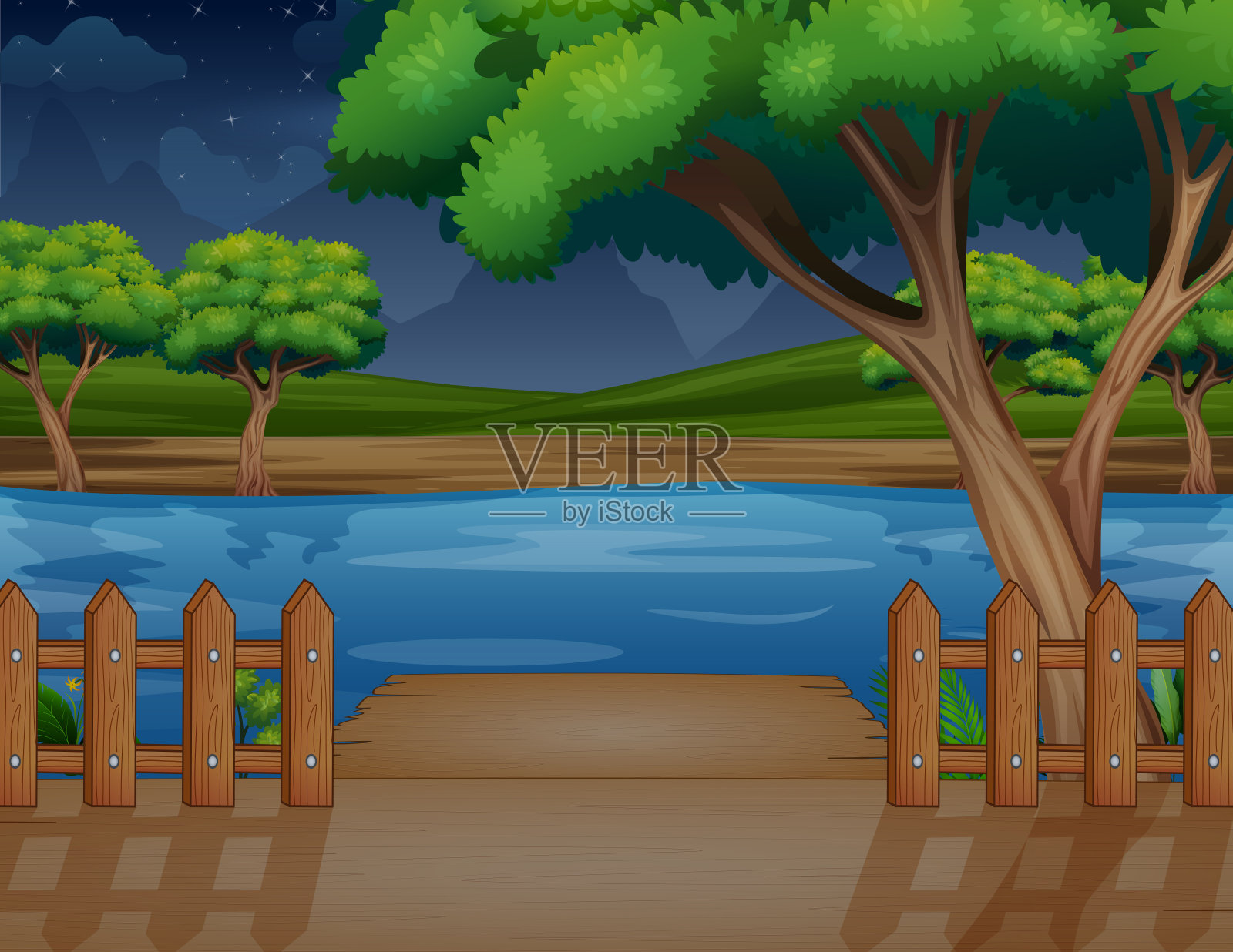 美丽的大自然中有一条河和一个木制港口插画图片素材