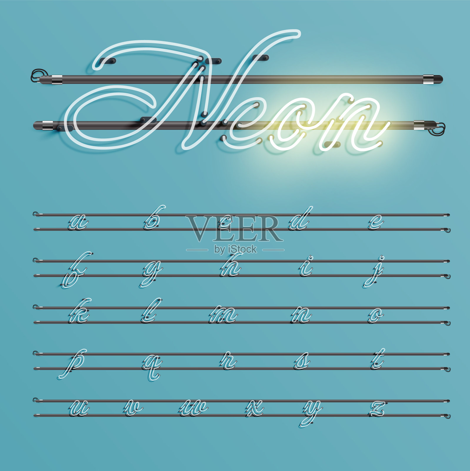 现实的霓虹灯字体与电线和控制台,矢量插图插画图片素材