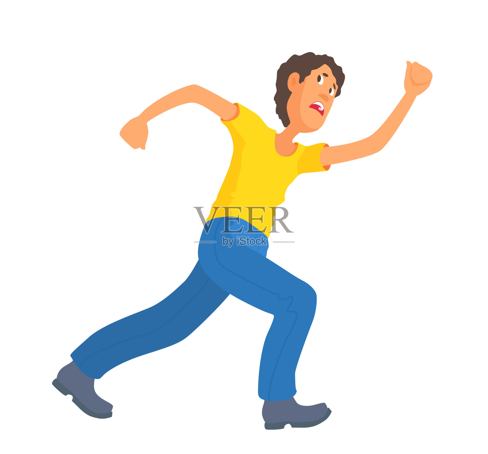 一个穿t恤和牛仔裤的男人从什么地方跑开了。惊恐的脸,回头看。插画图片素材